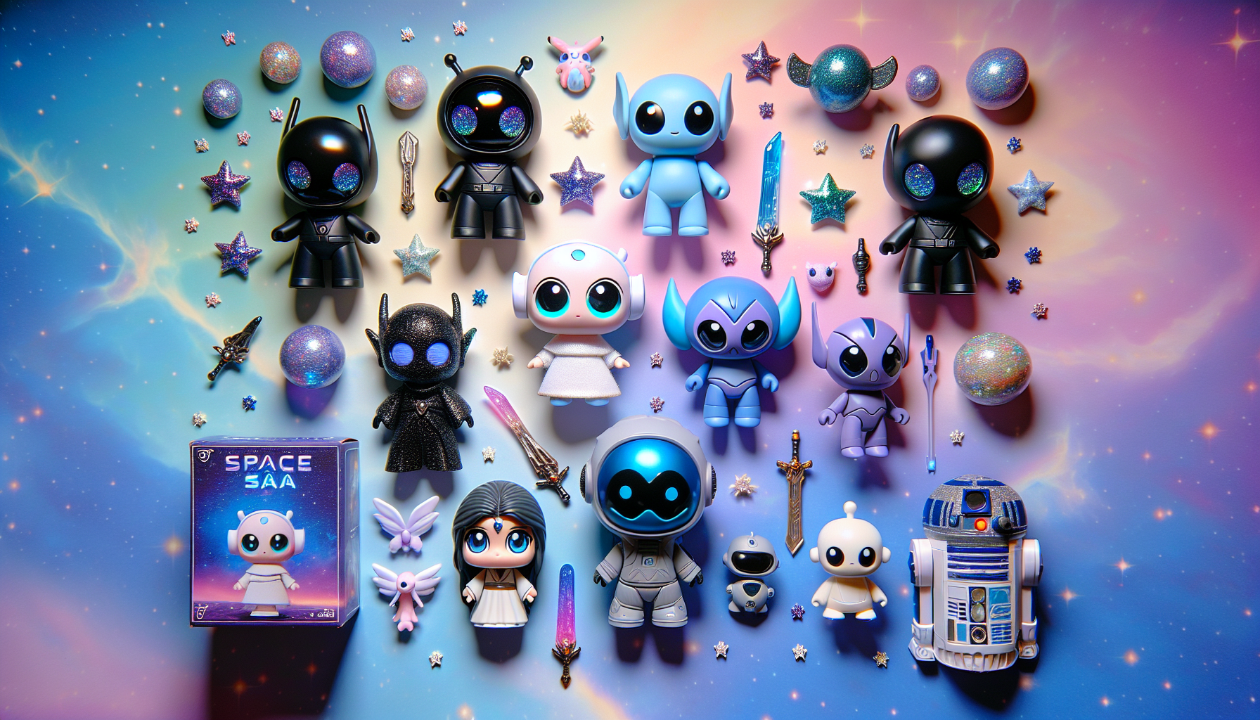 Flat lay of chibi Star Wars Doorables mini-figures on a galactic background with sparkly stars, mystery boxes, and iconic Star Wars motifs.