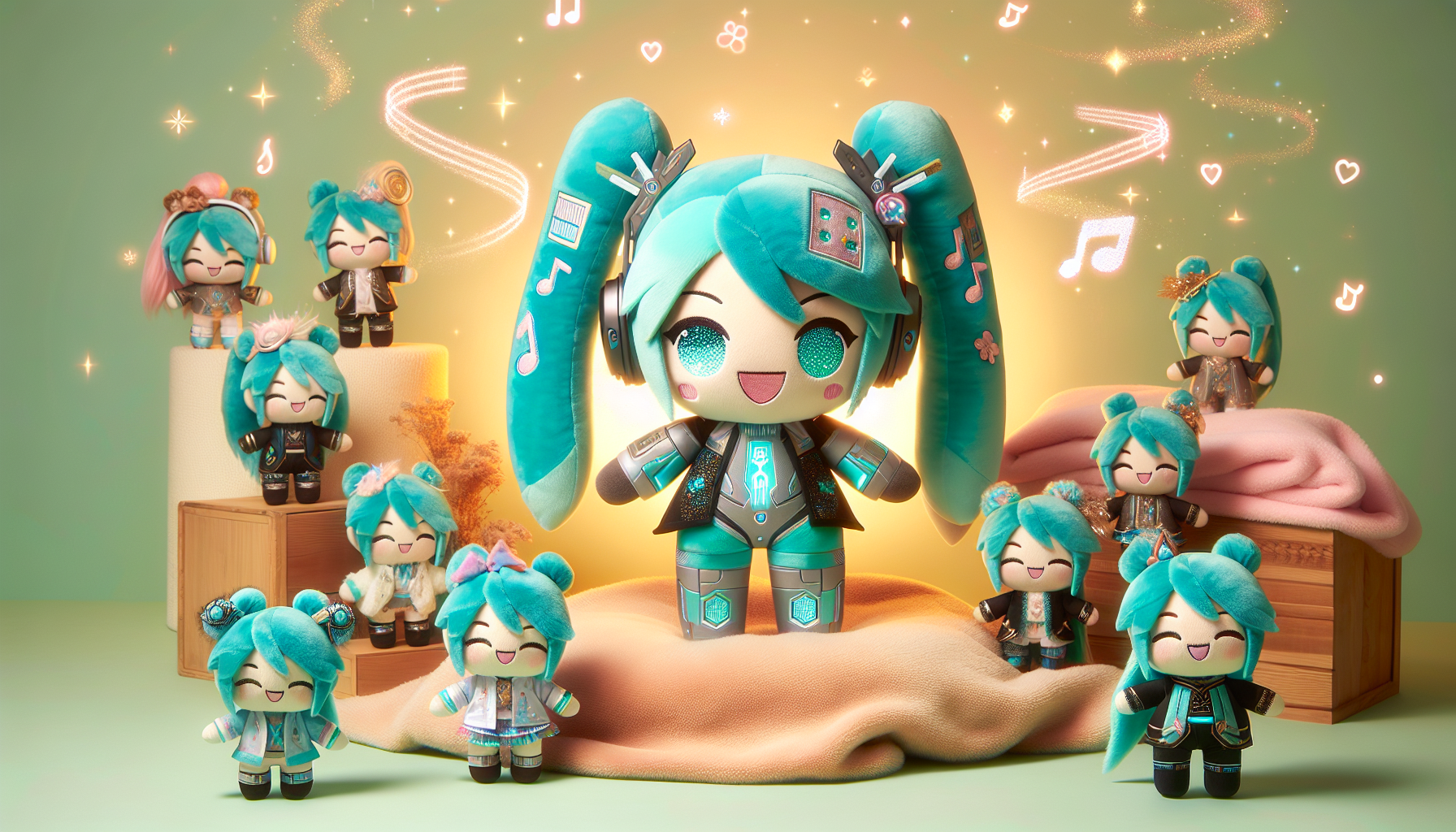 Cute Hatsune Miku plush toy surrounded by variant Miku gosedjur on pastel bedding with sparkles, hearts, and floating musical notes.