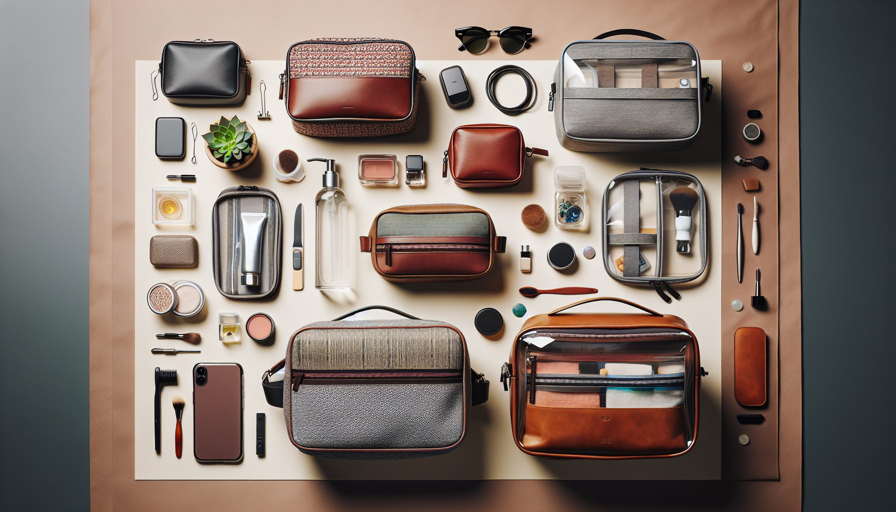 Flat lay of modern toiletry bags—leather, canvas, patterned, clear—surrounded by travel essentials and accessories on a neutral background.