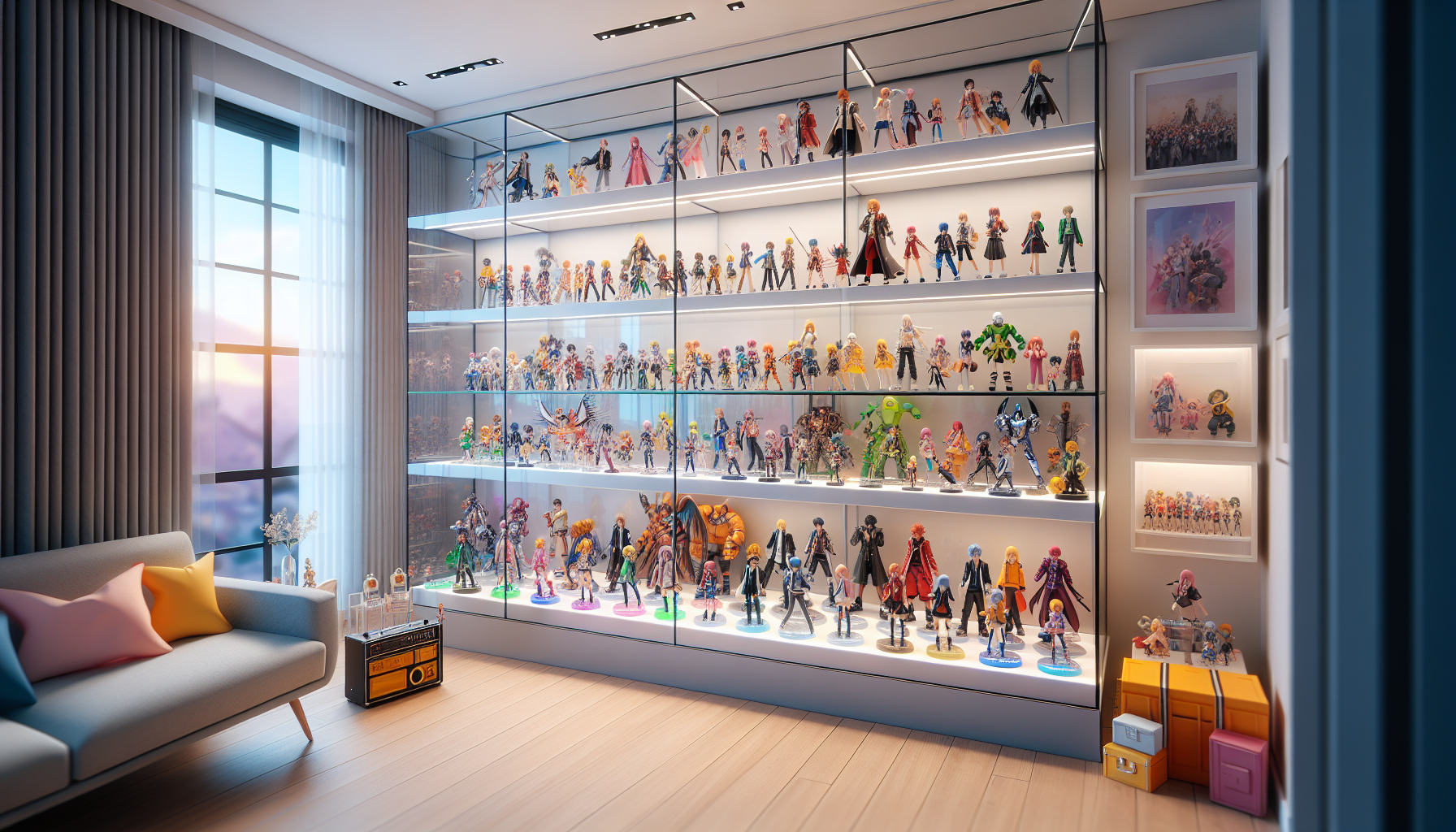 Modern display shelf with colorful, dynamic anime and game figures arranged neatly in a well-lit room, perfect for figure collectors.
