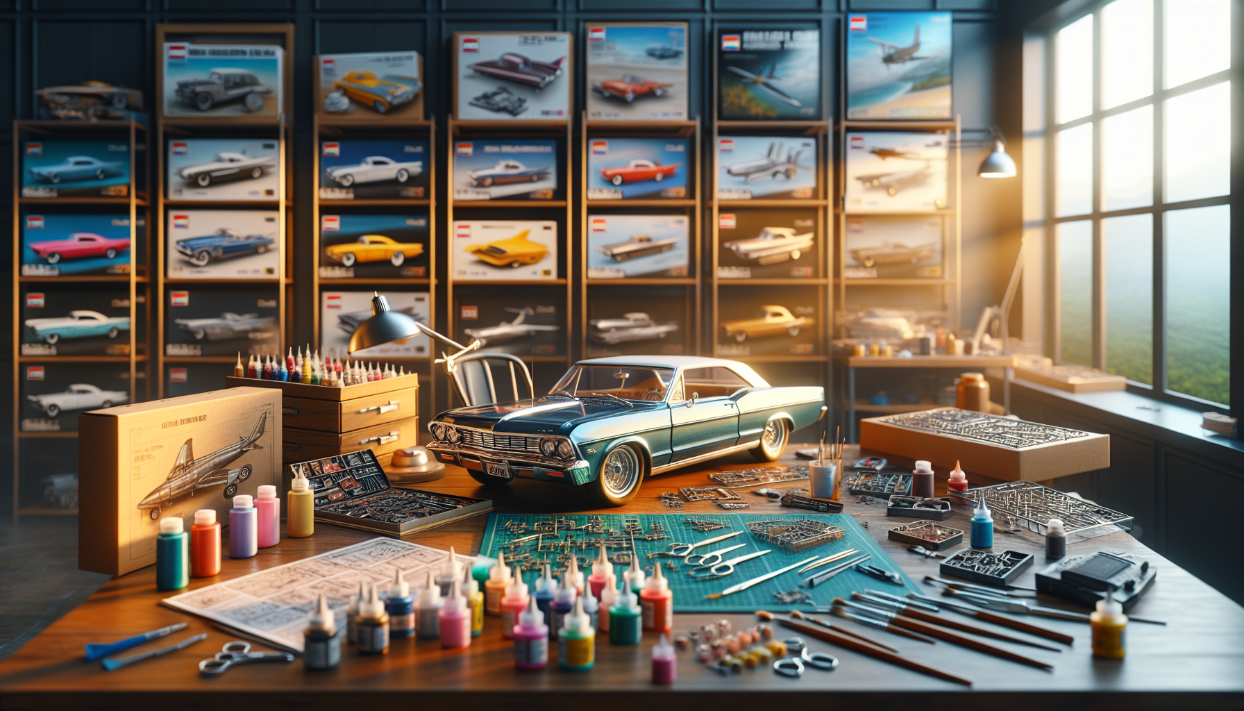 Revell model kits—classic car, airplane, and ship—arranged on a workbench with paints, tools, and Revell boxes in a creative workspace.