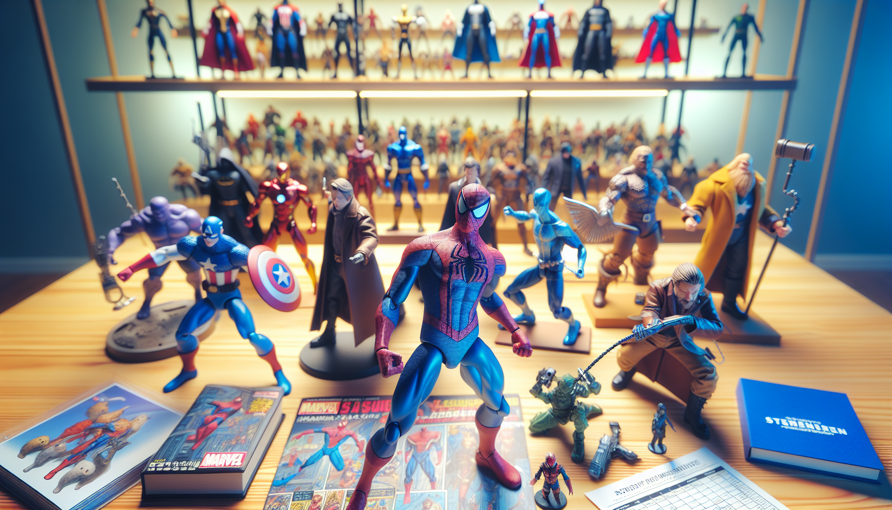 Flat-lay of Marvel Legends action figures—Spider-Man, Iron Man, Captain America—on wooden table with comics, checklists, and collector essentials.