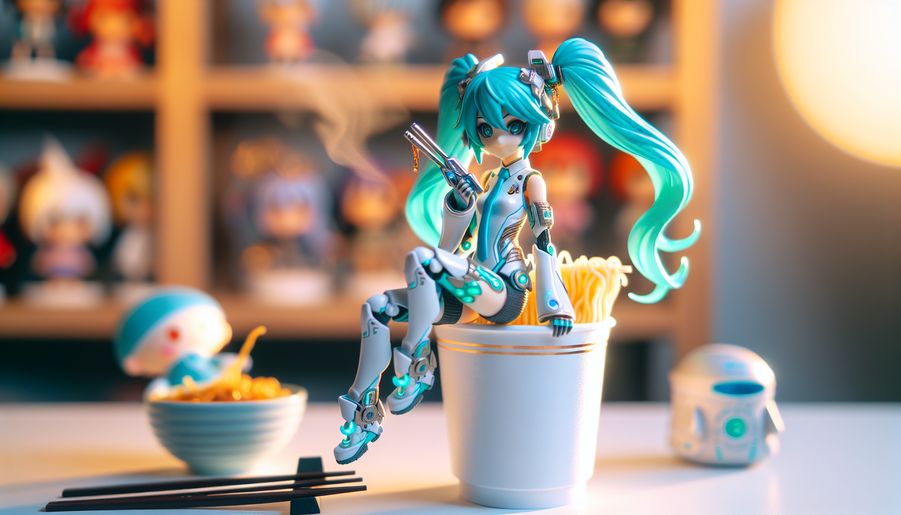 Hatsune Miku Noodle Stopper figure sits playfully atop a ramen cup, surrounded by steam and collectibles, perfect for anime fans.