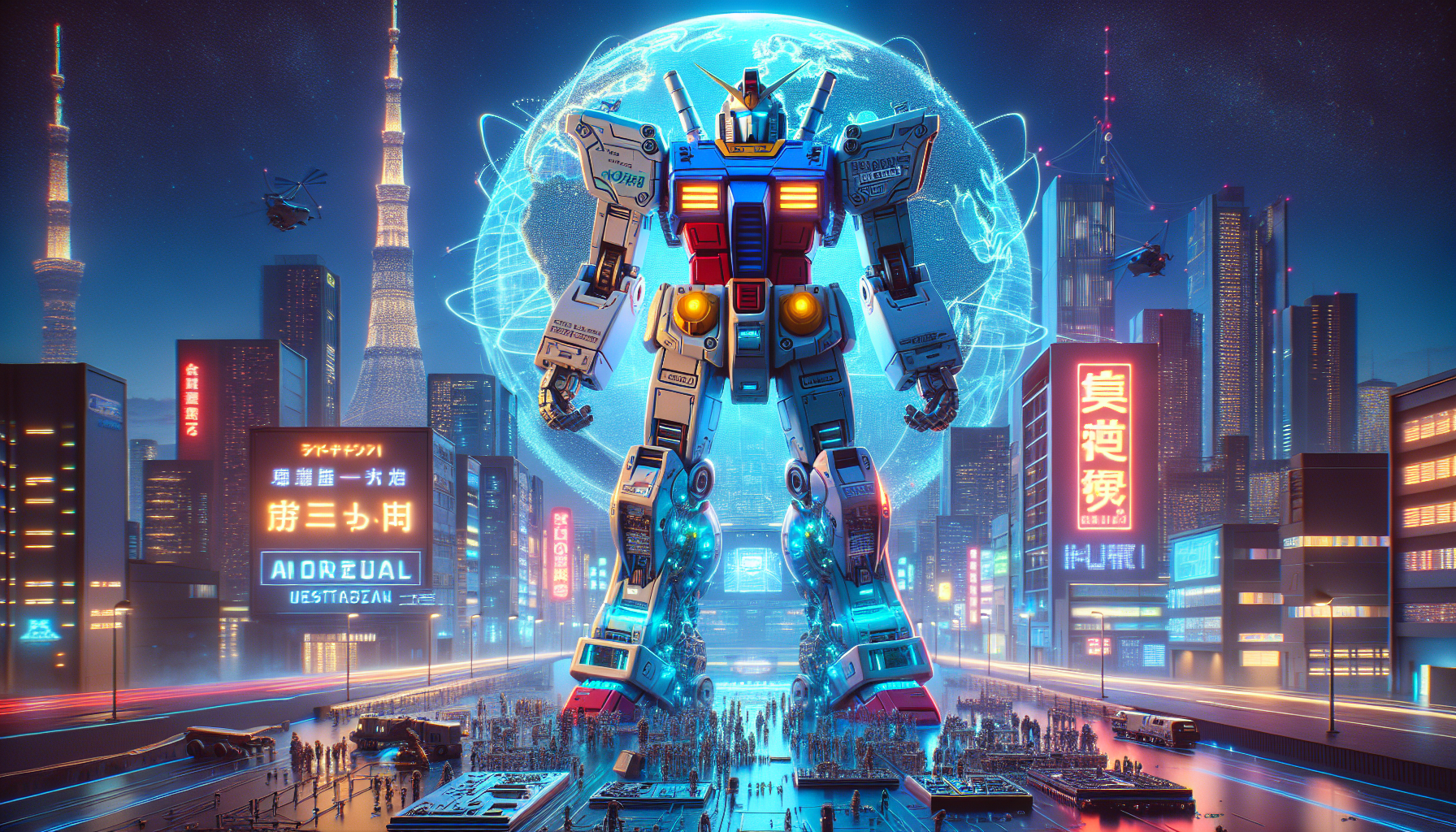 Heroic Gundam mecha atop a futuristic city at dusk, with Mount Fuji, neon kanji, globe motifs, and Gunpla kits, symbolizing global Gundam evolution.