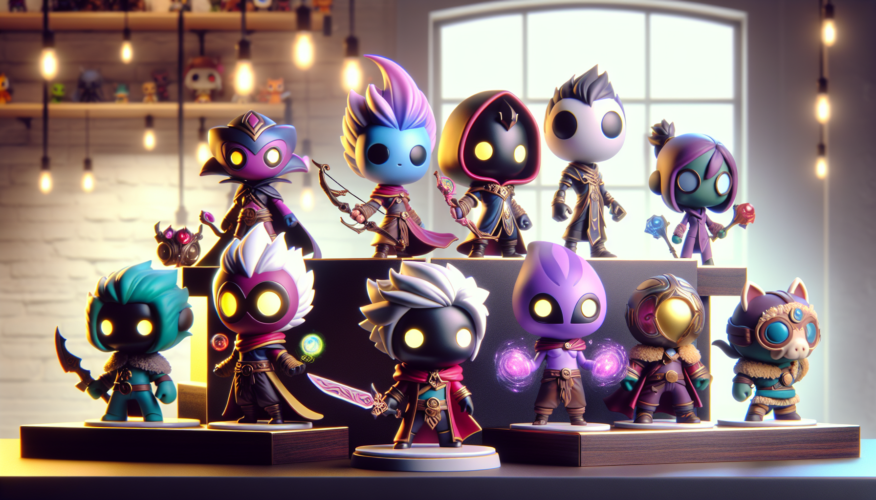 Colorful vinyl figures inspired by League of Legends, in Funko POP style, displayed on a wooden shelf in a cozy gamer room for a blog header.