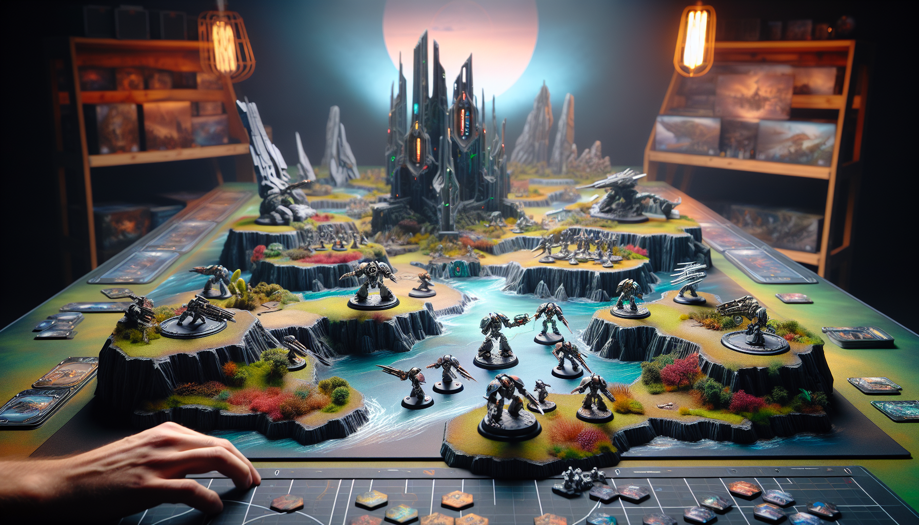 Tabletop wargaming scene with painted miniatures, detailed terrain, and Kraken Wargames game mat for Swedish board gaming blog.