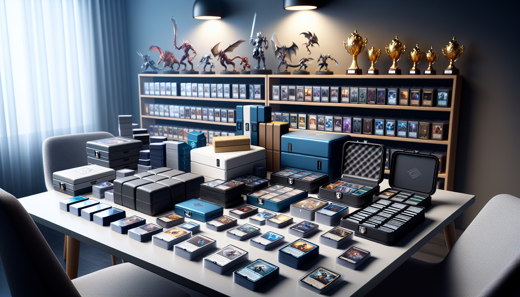 Premium collectible trading cards in Ultimate Guard sleeves and deck boxes on a modern table, evoking secure, professional card protection.