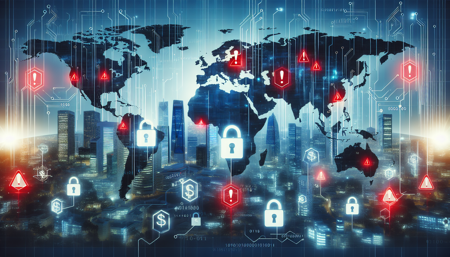 Global business cyberattack illustration with world map, corporate buildings, red warning icons, and digital threats; modern cybersecurity concept.