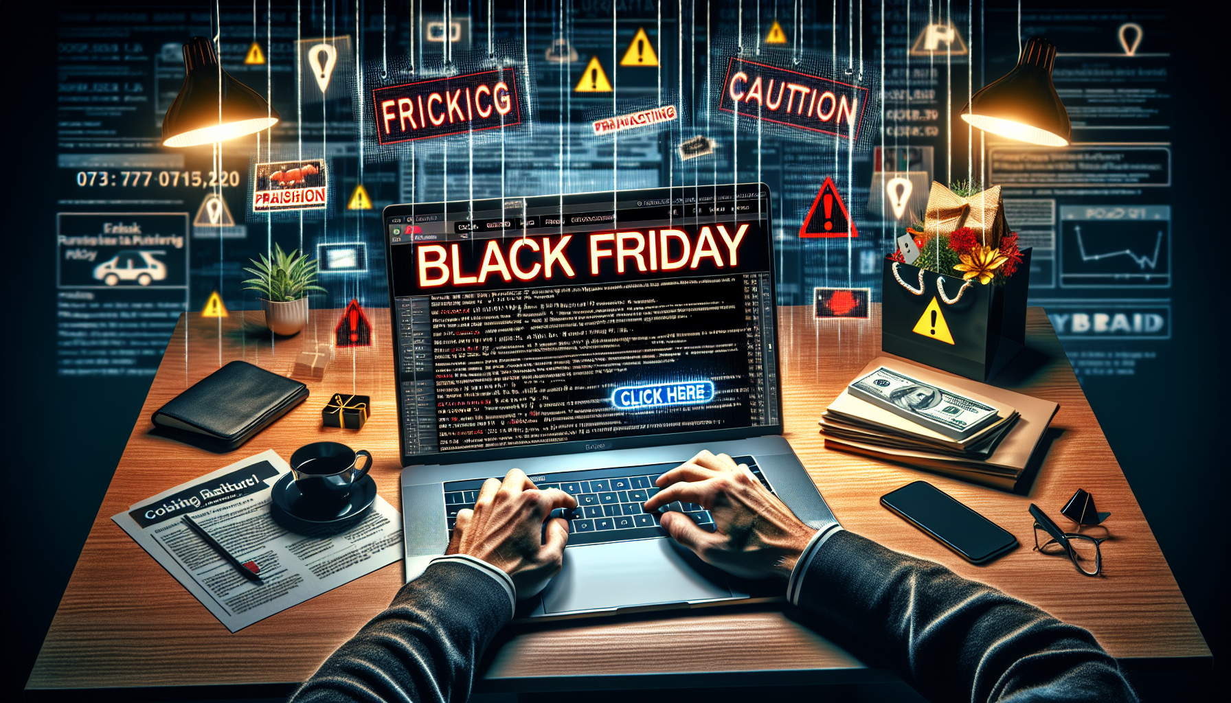 Illustration of a cautious shopper hesitating to click a suspicious Black Friday email on a laptop, highlighting phishing and cybersecurity risks.