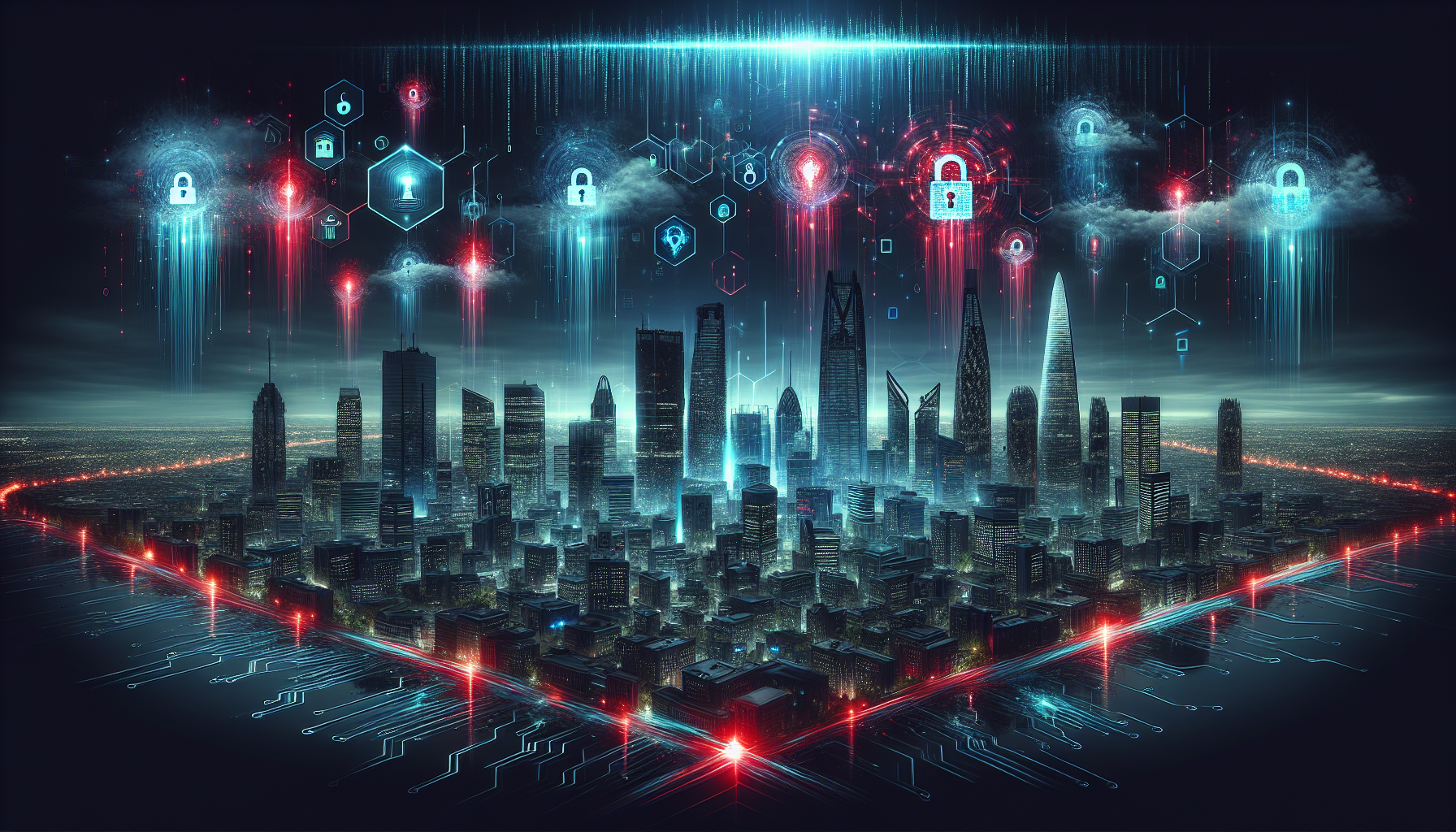 Futuristic cityscape under cyberattack in 2025, with neon data flows, hacking symbols, and digital shield—cybersecurity concept illustration.