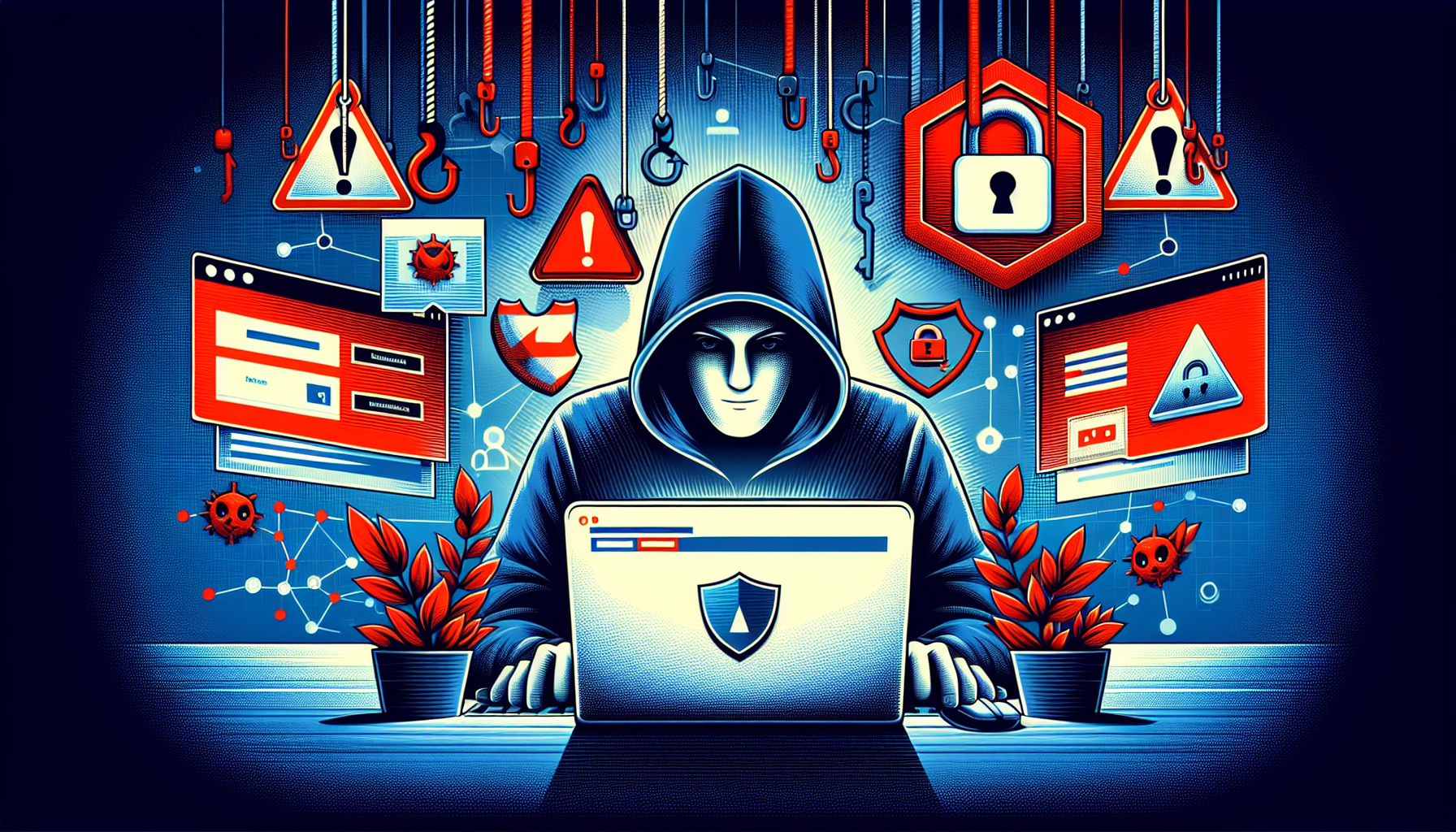 Illustration of an alert user at a laptop spotting phishing and fake sites, with security icons and warning signs, for safe browsing tips blog.