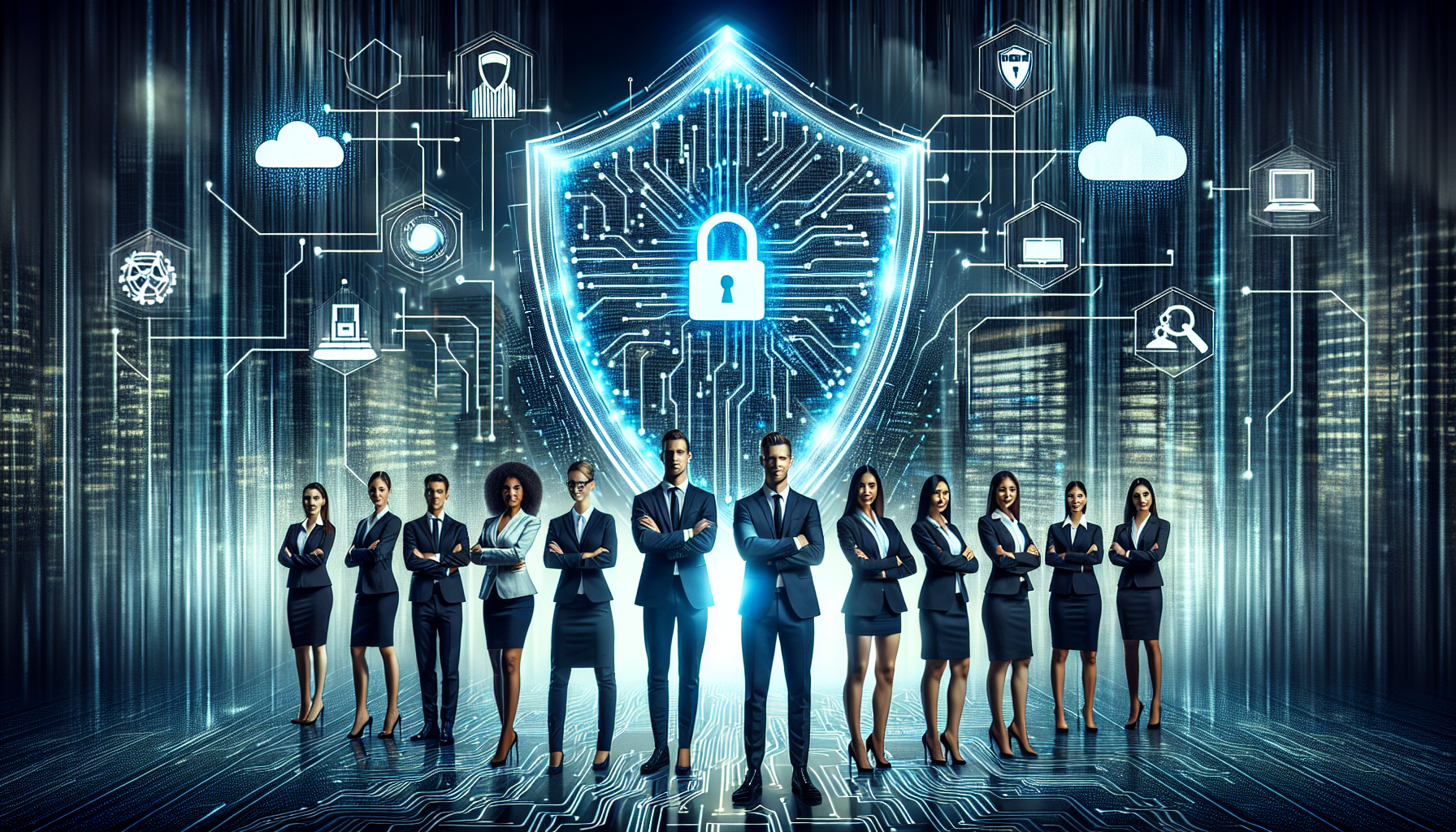 Diverse business professionals stand confidently before a glowing digital shield, symbolizing cybersecurity, data protection, and business growth.