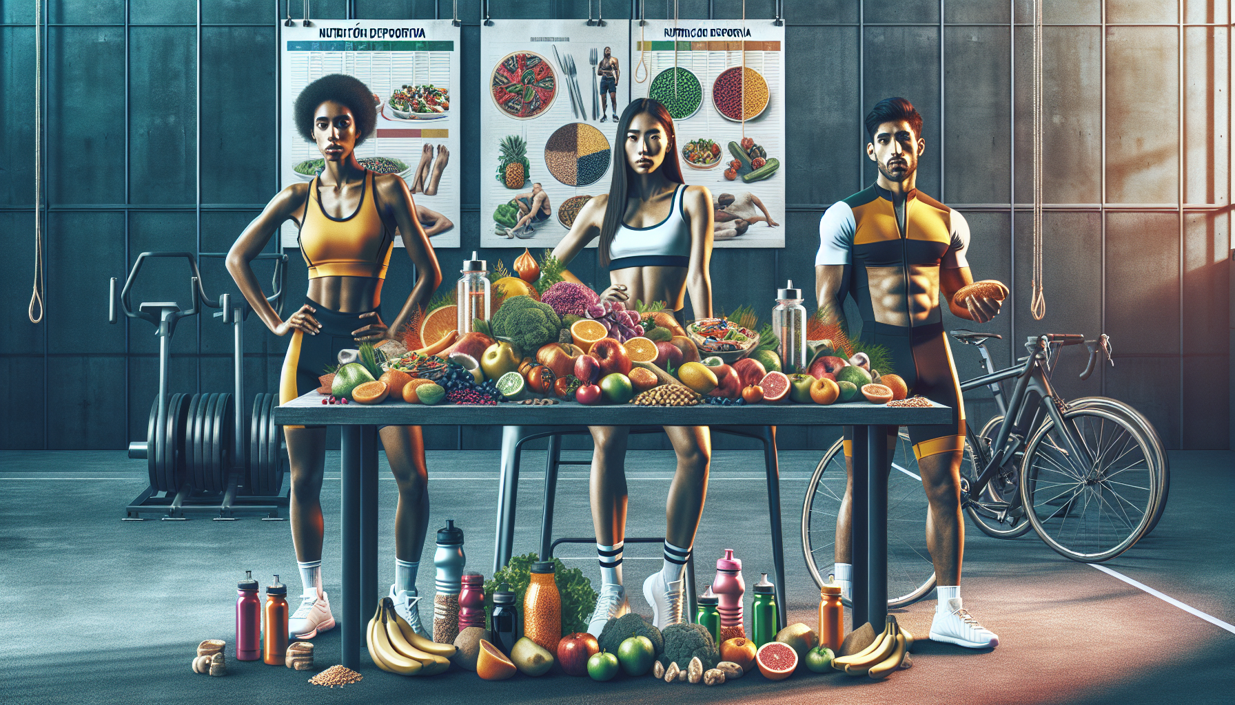 Diverse athletes in a gym gather around a table of healthy foods, with a "Nutrición Deportiva" chart highlighting sports nutrition benefits.