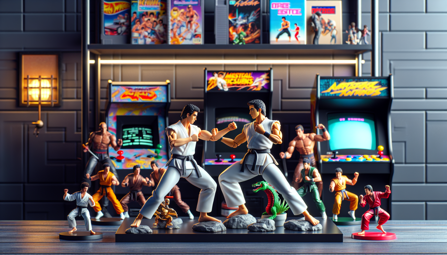 Double Dragon action figures displayed with 80s and 90s arcade memorabilia, game cartridges, and vintage posters for retro collectors.