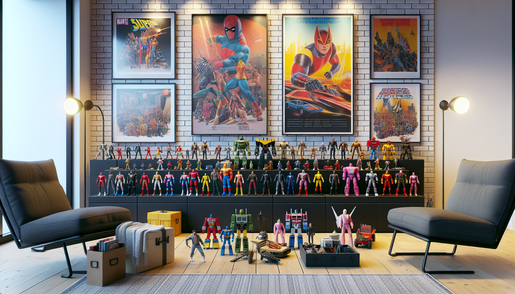 Colorful display of classic Power Rangers action figures and collectibles on a stylish Scandinavian shelf with vintage show posters in background.