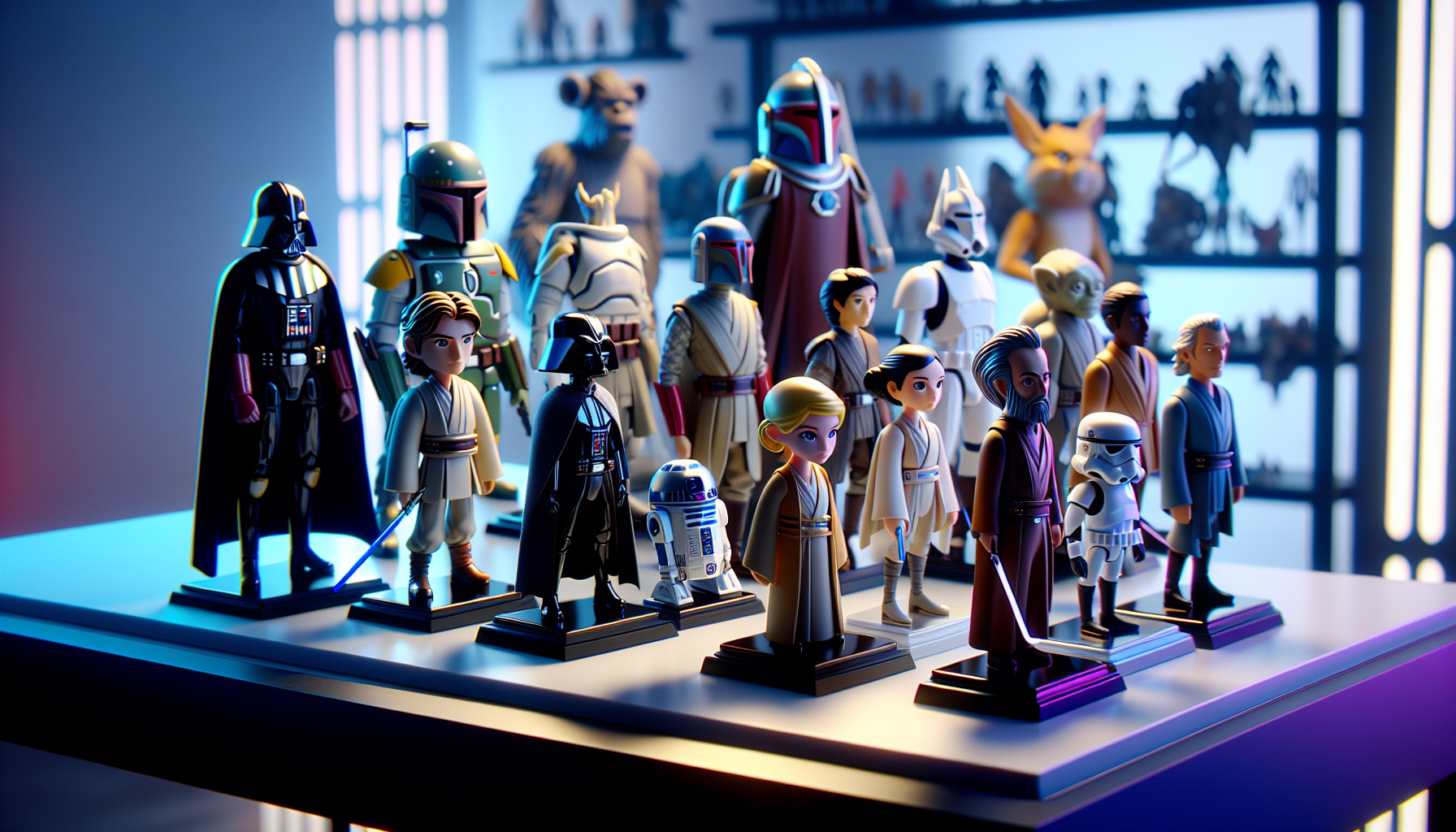 Star Wars Funko POP figures of Darth Vader, Luke, Leia, Yoda, and Stormtrooper displayed on a modern collector’s shelf with memorabilia.