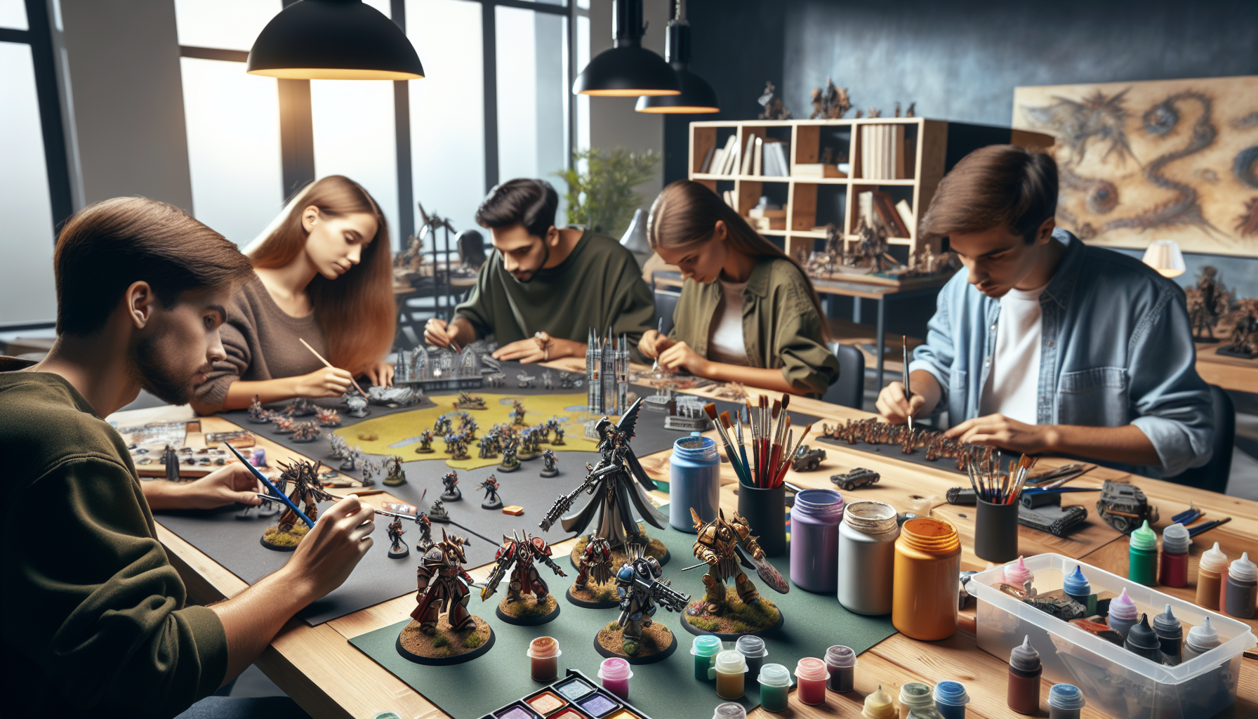 Diverse hobbyists painting Warhammer miniatures at a table with paints, brushes, and terrain, highlighting creativity and tabletop gaming community.
