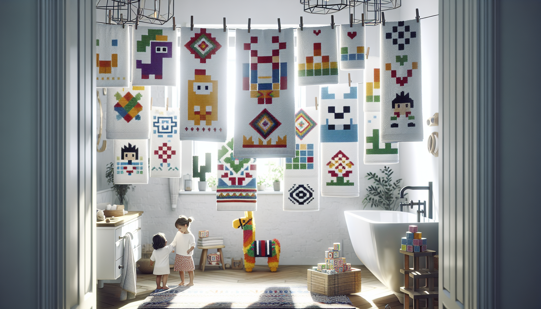 Cheerful children enjoy colorful Fortnite-inspired towels in a modern Scandinavian bathroom, with playful game-themed patterns and soft daylight.