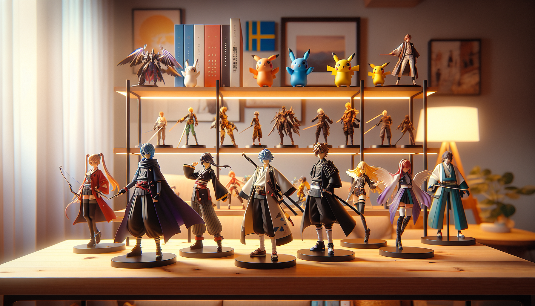 Neatly arranged Demon Slayer figures on a stylish shelf with warm lighting, featuring Tanjiro, Nezuko, Zenitsu, Inosuke, and Swedish decor.
