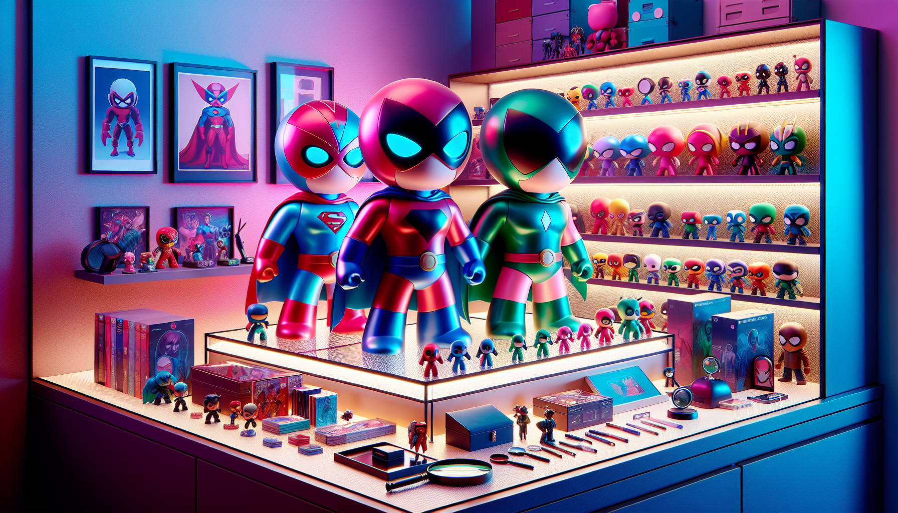 Modern collector’s shelf displaying Powerpuff Girls Funko POP! figures, mint boxes, and memorabilia, in a vibrant, well-lit room.