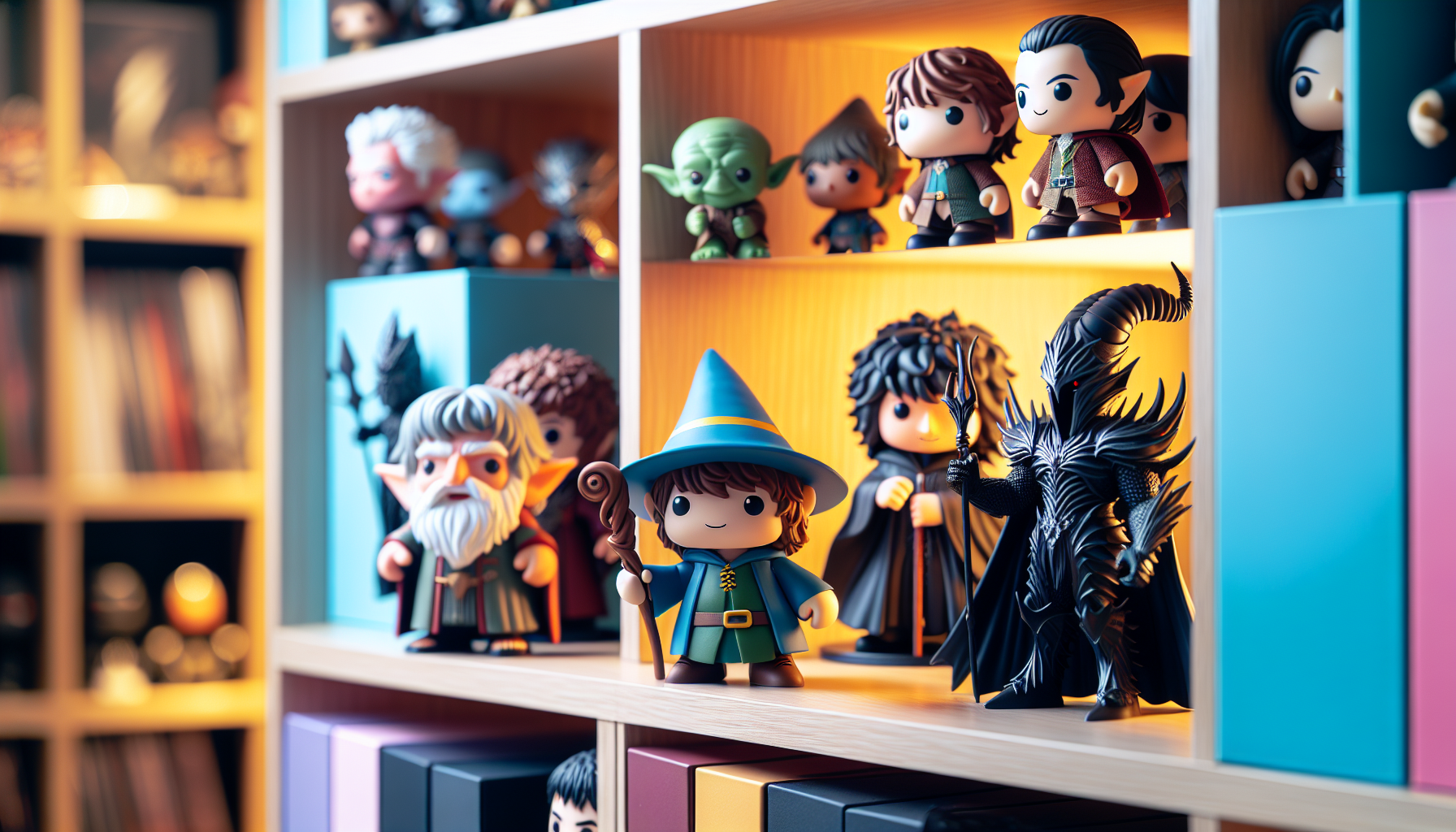 Collector's shelf with stylized Lord of the Rings vinyl figures, including Frodo, Gandalf, and Sauron, in a cozy, well-lit room.