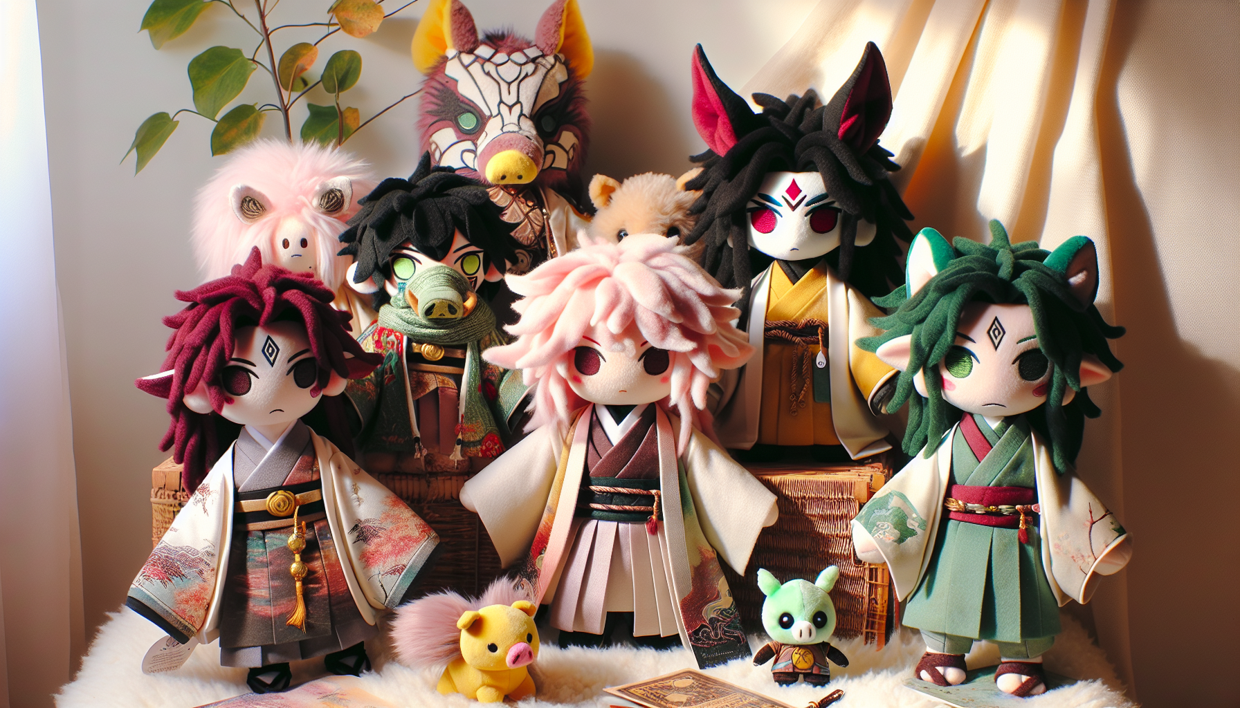 Flat-lay of Demon Slayer plush toys—Nezuko, Tanjiro, Zenitsu, Inosuke—on cozy surface with collector tags, perfect for anime fans in Sweden.