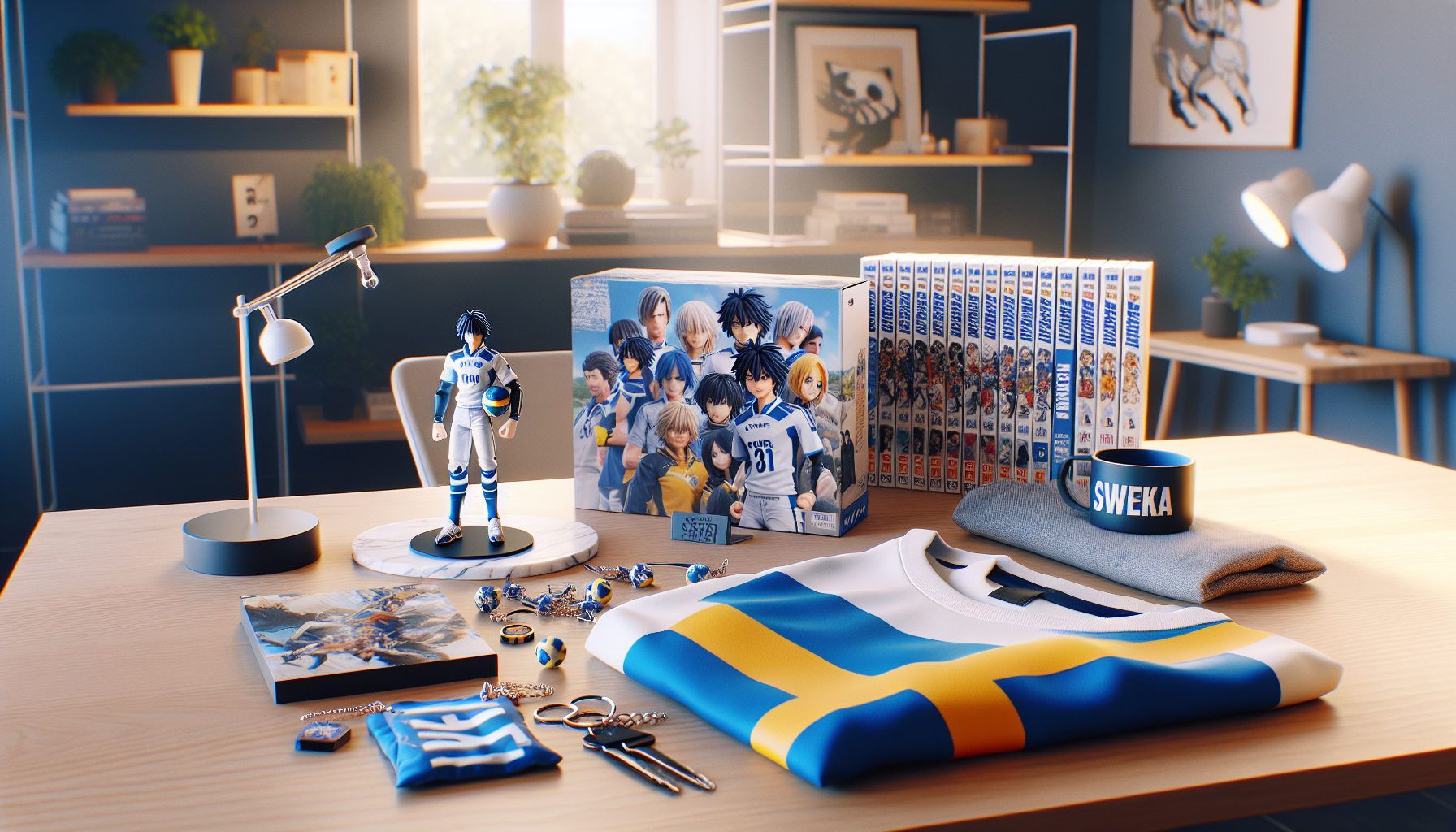 Blue Lock merchandise display in Sweden: Isagi Yoichi action figure, t-shirt, keychains, manga, Swedish flag, and fika coffee cup on desk.