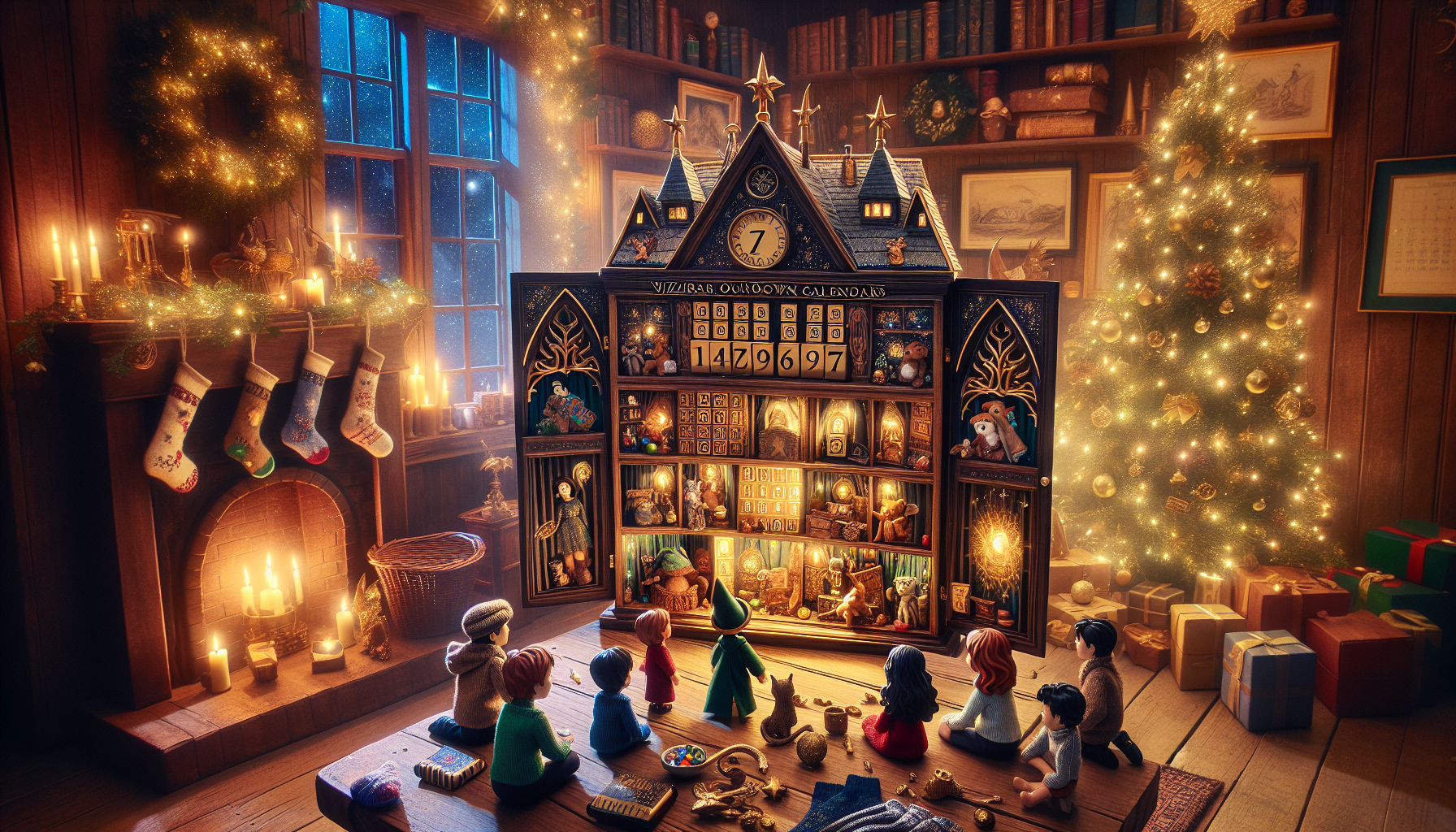 Diverse family opening a Harry Potter Hogwarts advent calendar in a cozy, festive Christmas room with magical ornaments and twinkling lights.