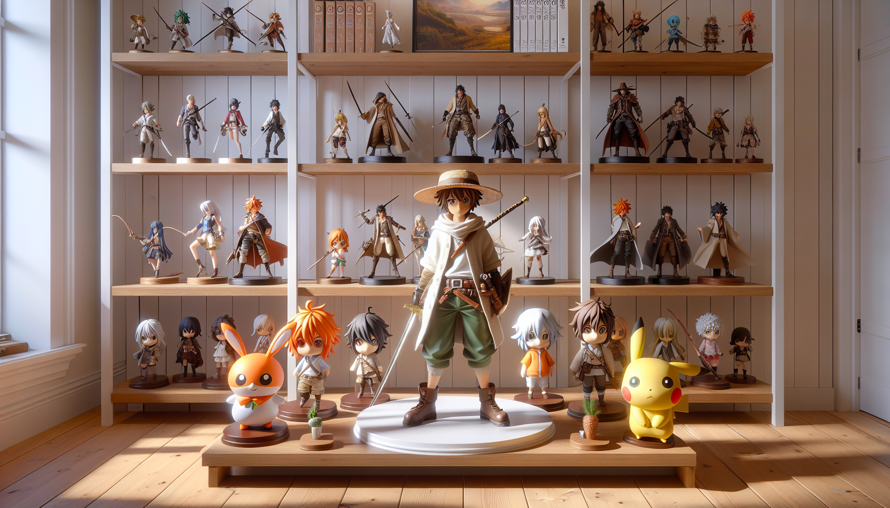 Elegant shelf displaying diverse One Piece-inspired anime figures, scale statues, chibi styles, with collector’s guide and cozy, modern decor.
