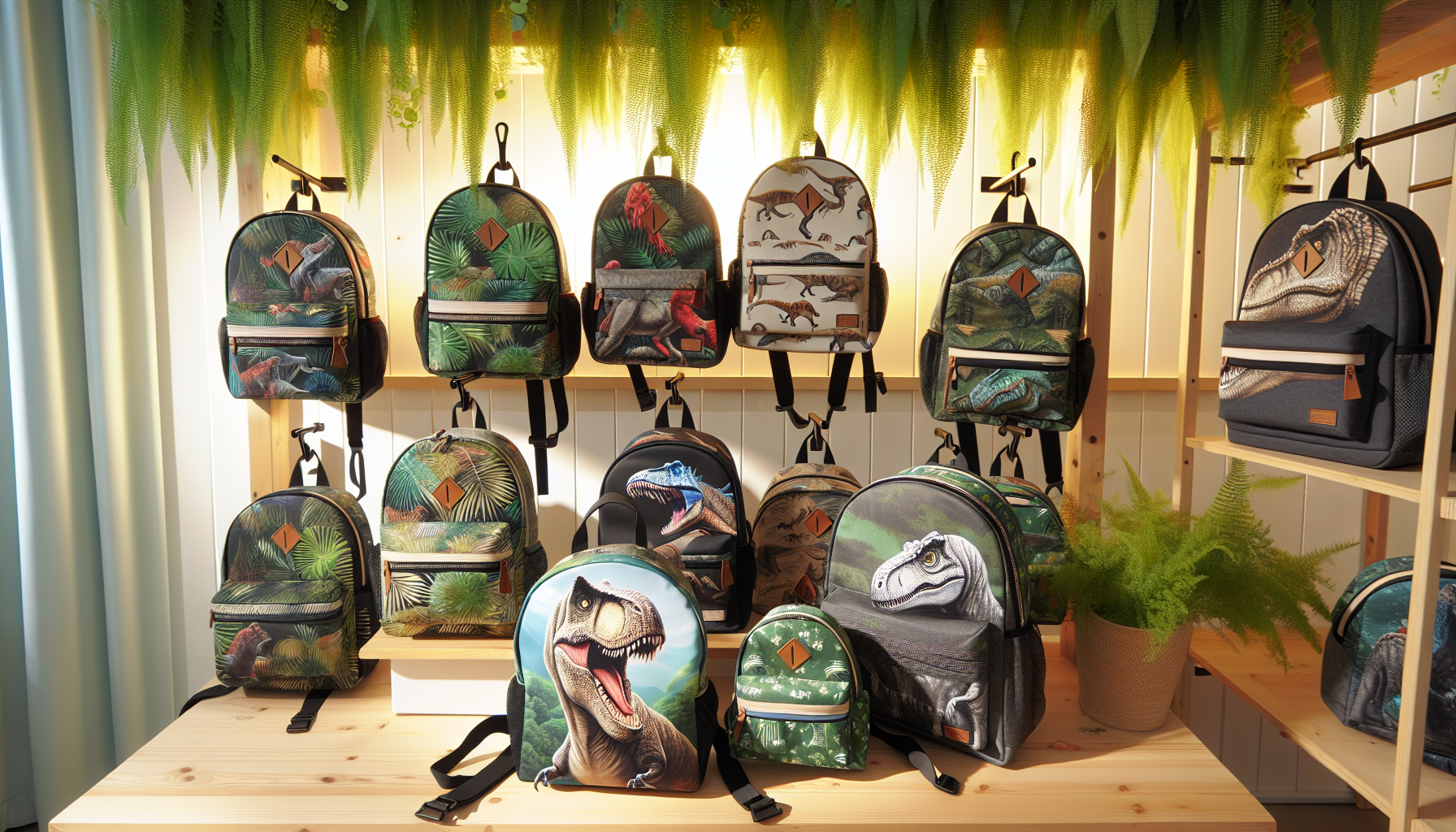 Jurassic Park backpacks with dinosaur prints for kids and adults displayed stylishly on a wooden table with greenery and soft daylight.