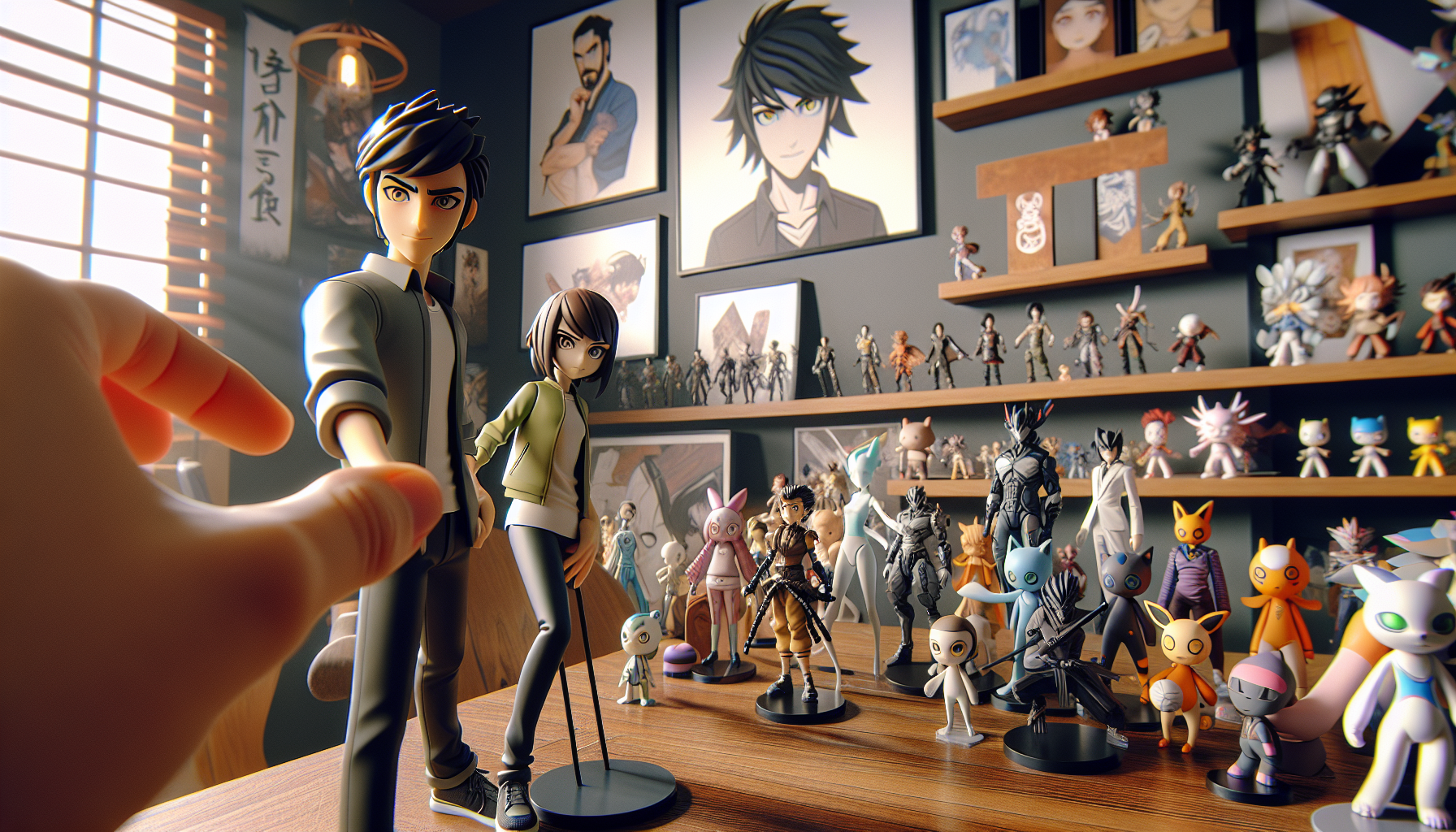 Demon Slayer Funko POP figures of Tanjiro, Nezuko, Zenitsu, and Inosuke displayed on a collector’s shelf in a modern anime-themed room.