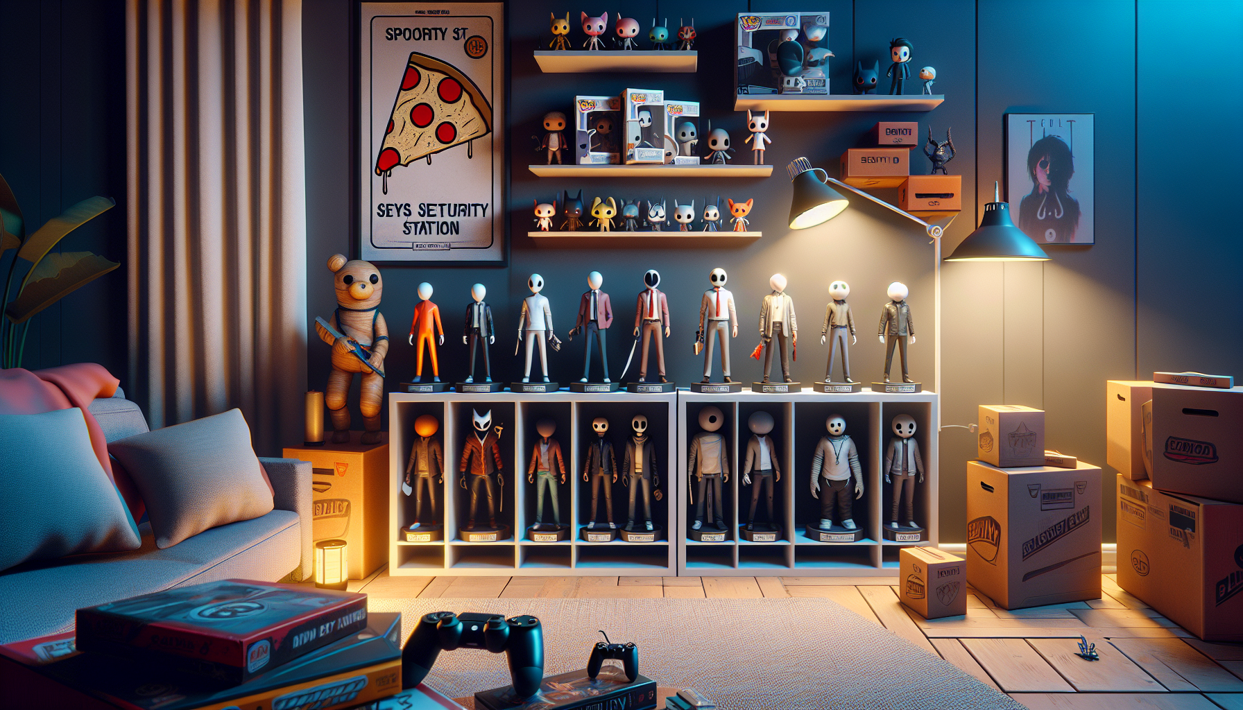 FNAF Funko POP Figures displayed on a stylish shelf with boxed packaging in a cozy, well-lit collector’s room for fans and collectors.