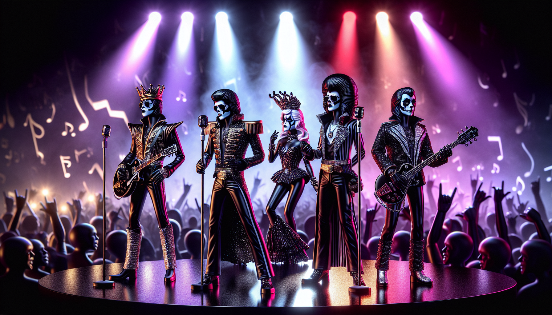 Kiss action figures in classic costumes, vibrantly lit on a stage with crowd silhouettes and musical notes. Perfect for music collectors.