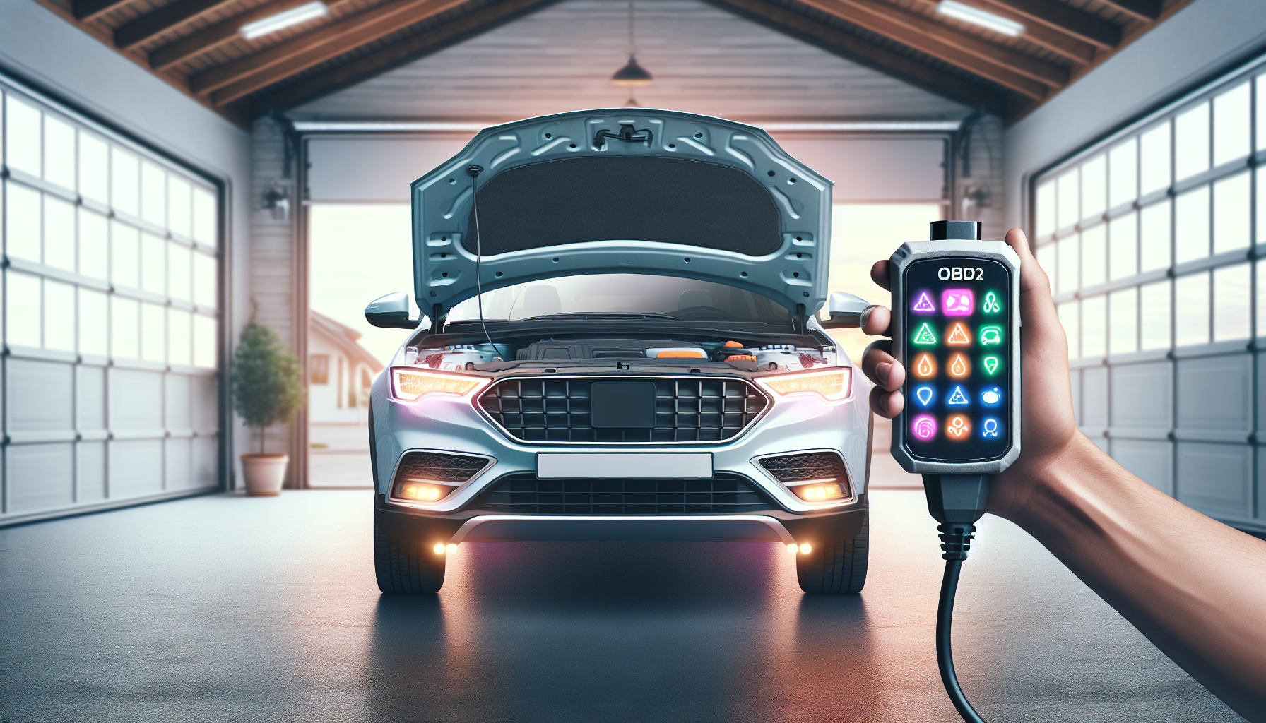 Bildiagnosverktyg Modern car with hood open, digital OBD2 diagnostic tool in hand, error codes visible, Scandinavian garage, car maintenance empowerment.