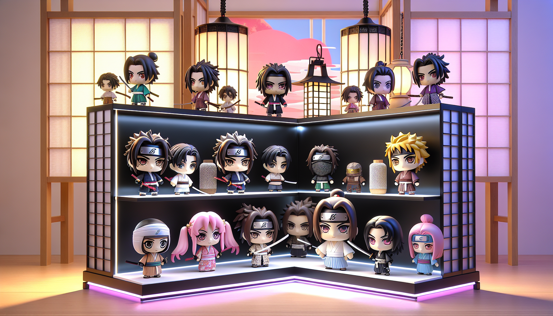 Vibrant display of Naruto Funko POP vinyl figures on LED-lit shelves with anime-themed background, perfect for collectors and anime fans.
