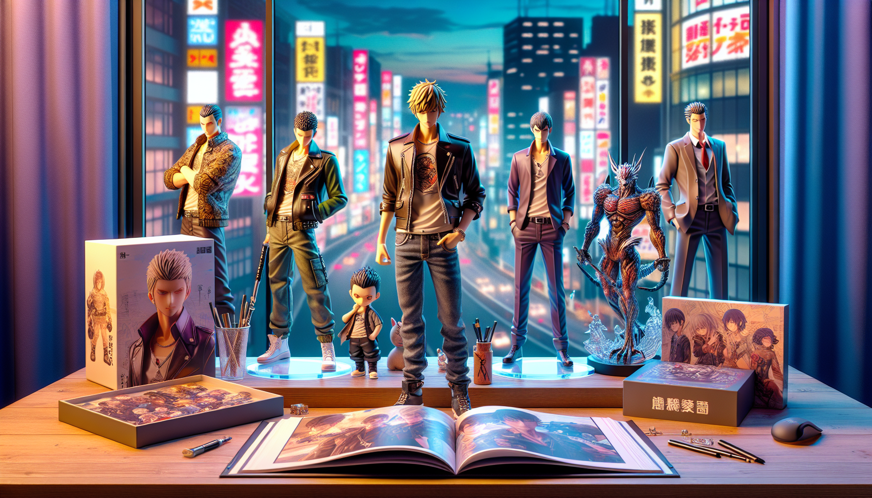 Alt text: Colorful Tokyo Revengers-inspired anime figures on a stylish shelf with collectible boxes, open guidebook, and Tokyo city lights in background.