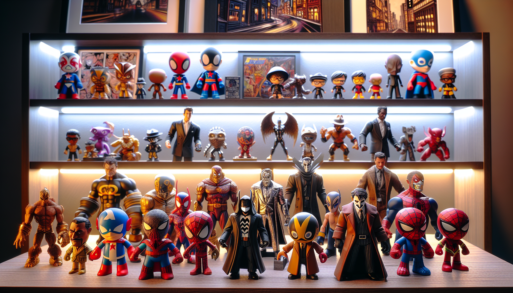 Curated collection of Batman Funko POP figures displayed on a wooden bookshelf with comic-themed decor, perfect for collectors and fans.