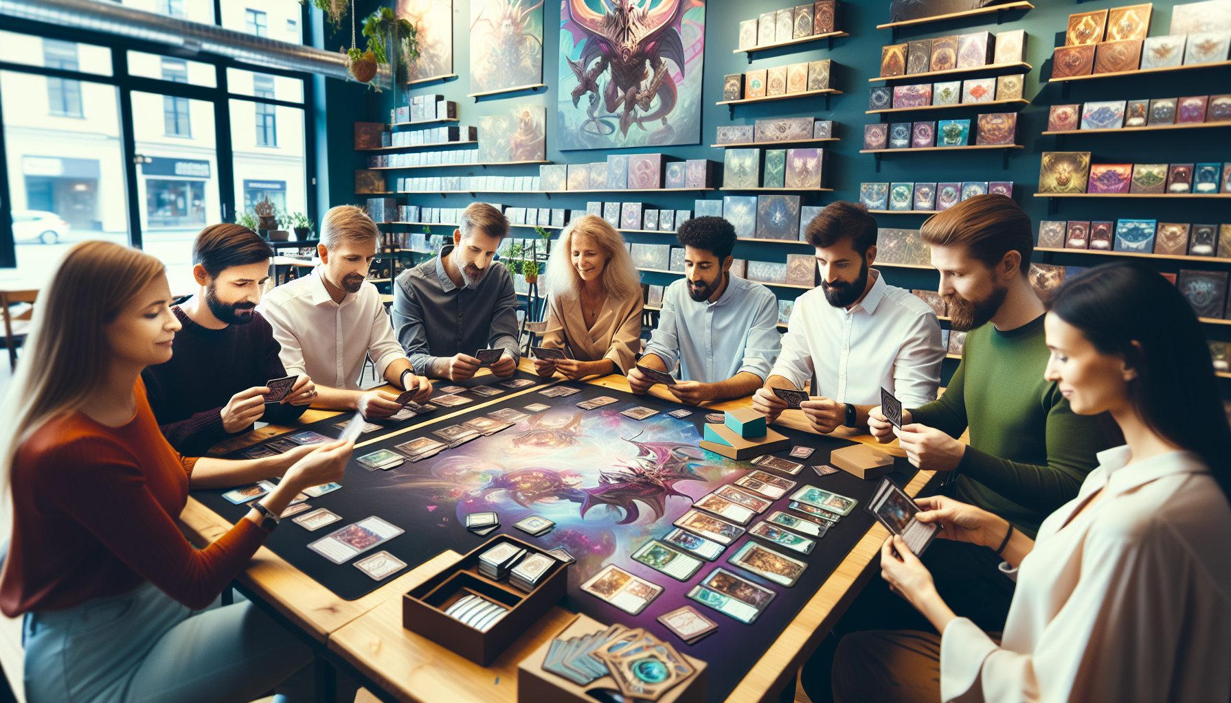 Diverse adults playing Neverrift TCG at a tabletop with fantasy cards, in a vibrant game store setting, promoting a new strategic card game.