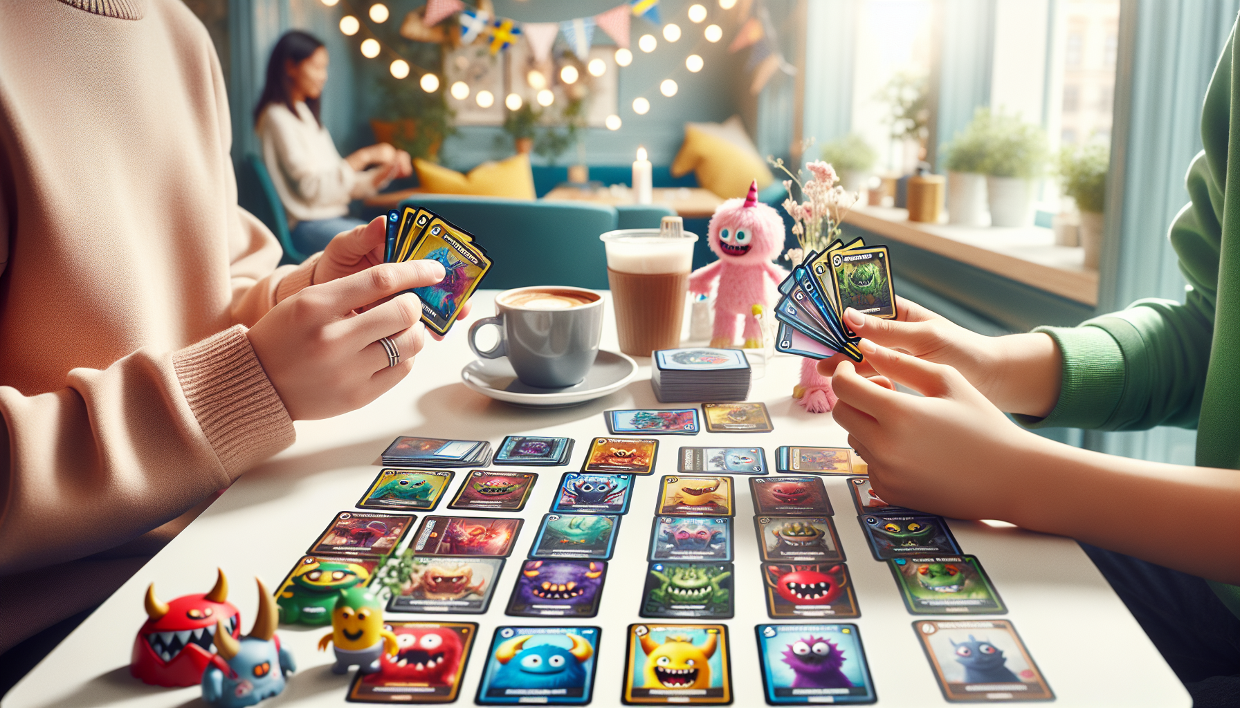 Two people playing Digimon trading card game at a cozy Swedish café table with colorful cards, fika pastries, and Scandinavian decor.