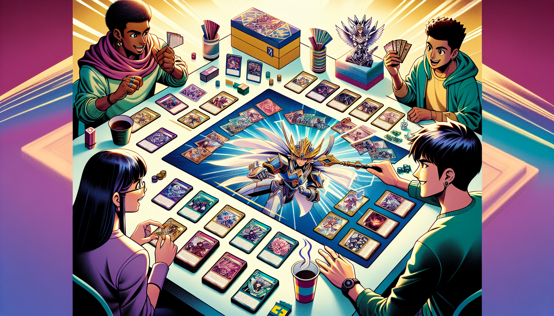 Two diverse players enjoying a Cardfight!! Vanguard TCG match, anime-style cards on display, with Swedish symbols and bright, modern ambiance.