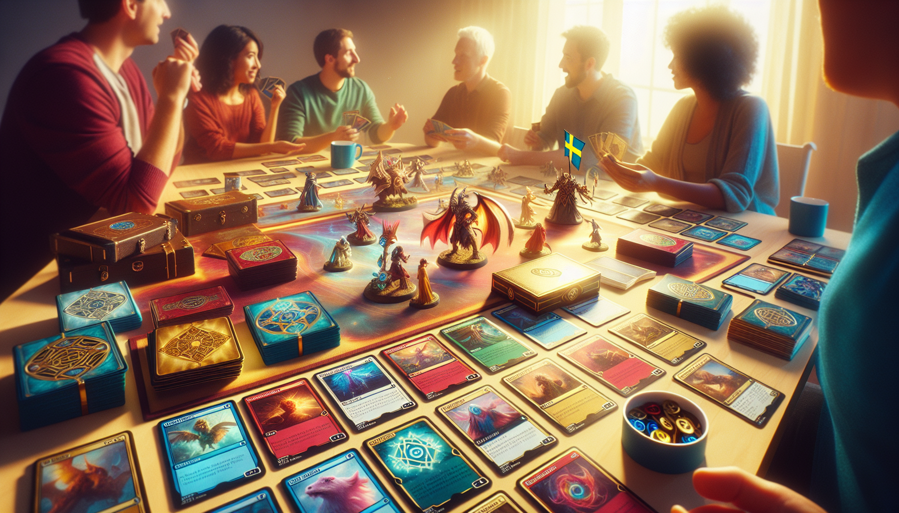 Vibrant Yu-Gi-Oh! card duel scene with diverse players, fantasy cards, Swedish details, and inviting natural light on a tabletop.