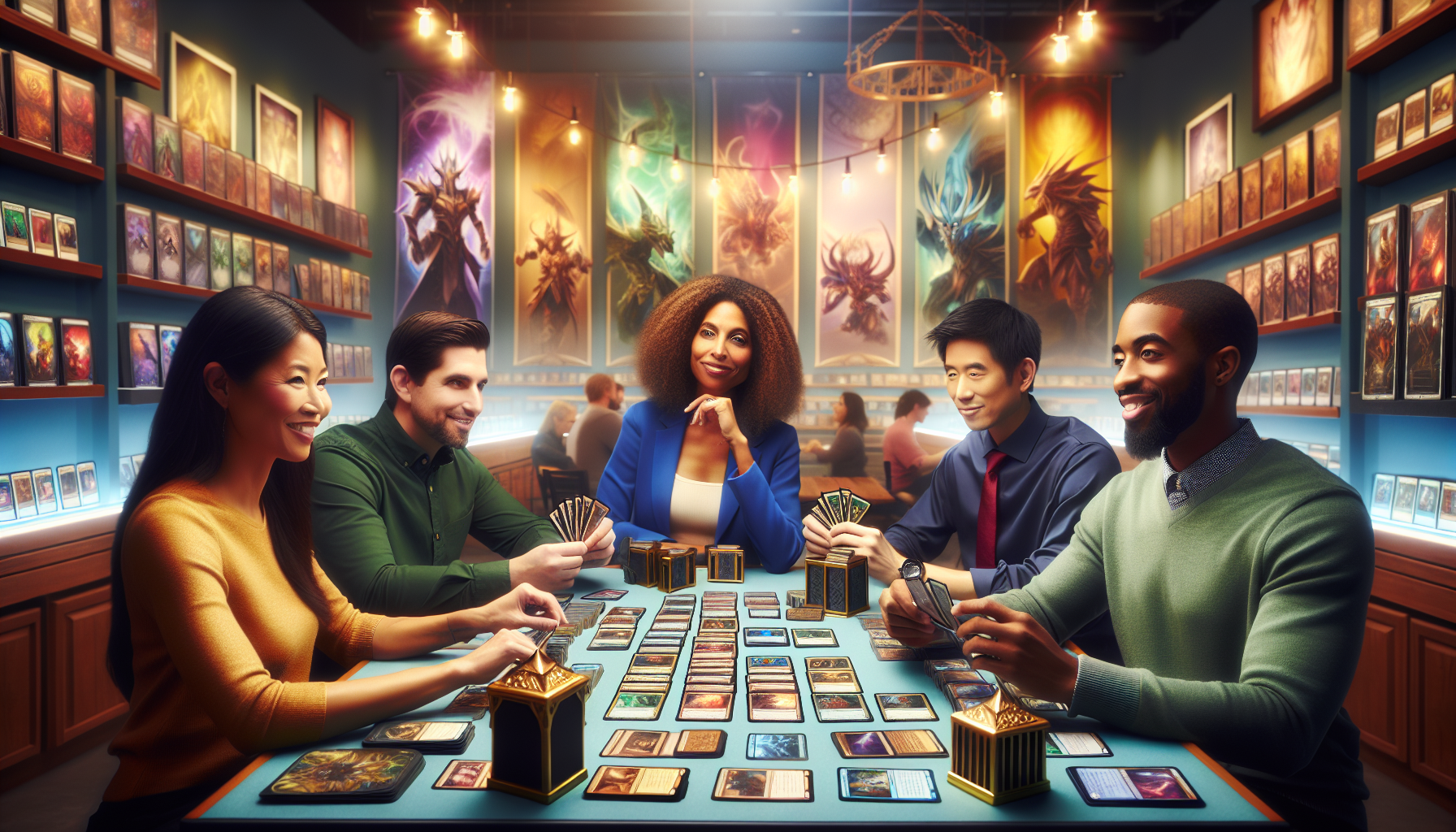 Diverse group of players enjoying Grand Archive TCG at a modern gaming store, vibrant trading cards on table, community gaming atmosphere.