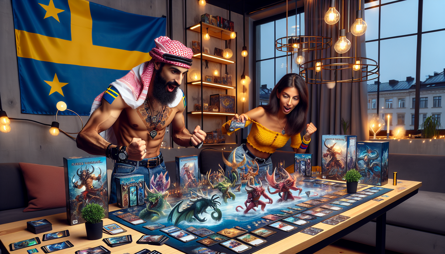 Two Swedish players compete in Kraken Wargames TCG, surrounded by vibrant sea monster cards in a modern Scandinavian room with Swedish flag.