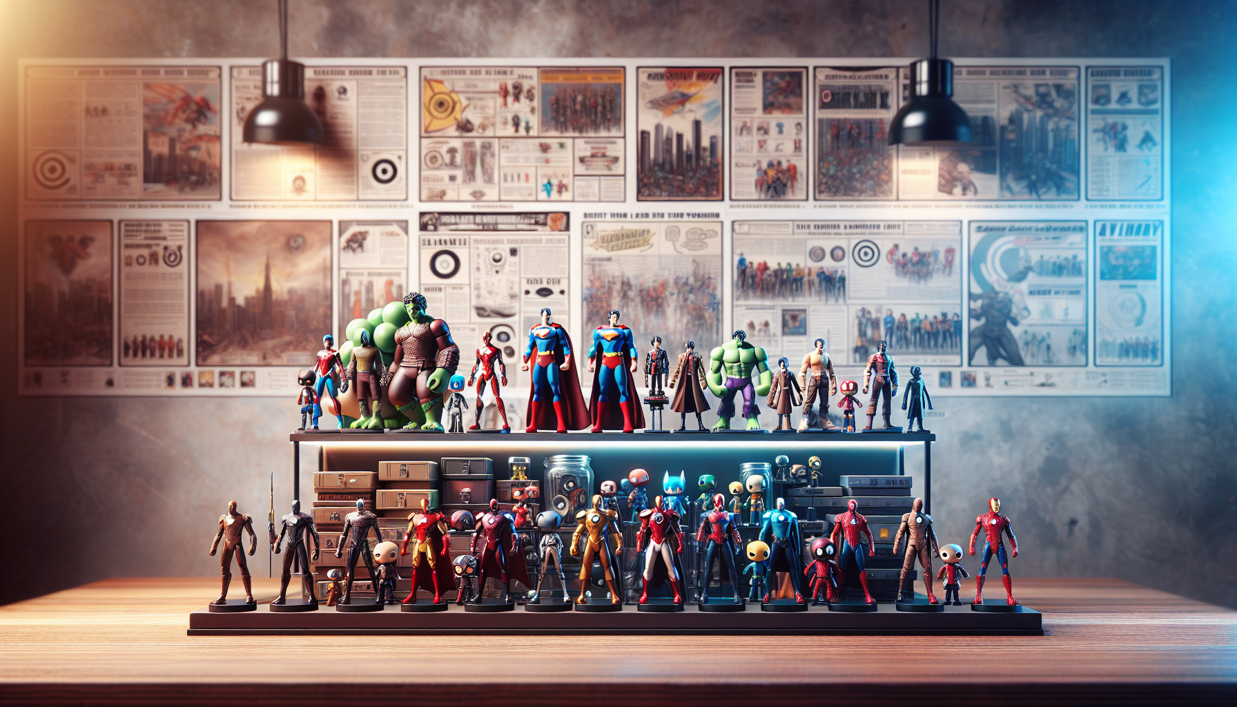 Display shelf featuring boxed and unboxed Batman Funko POP! figures, classic and rare editions, with Gotham City-themed background, warm lighting.