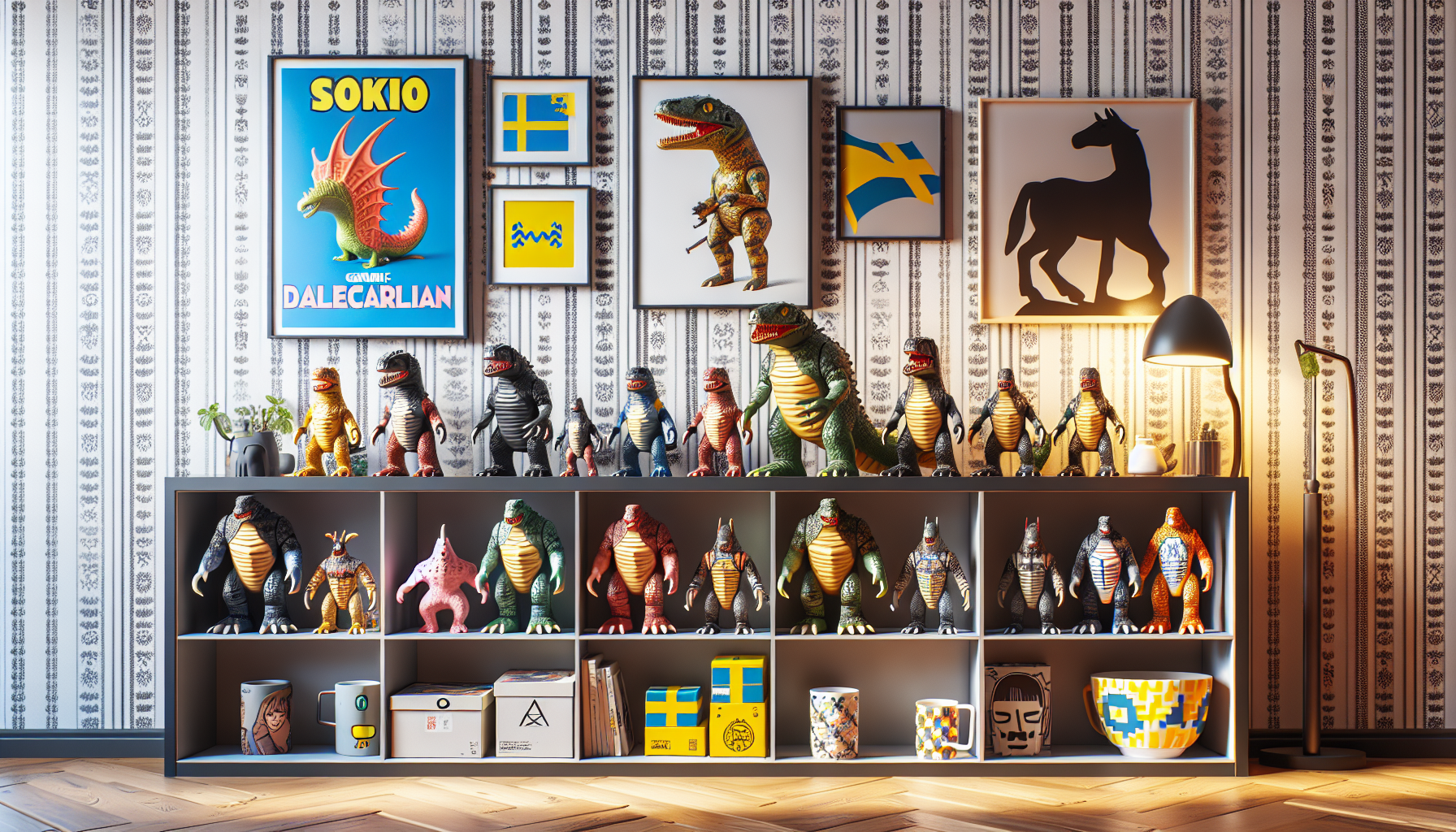 Godzilla Funko POP figures on a modern Swedish shelf with Dala horse, fika cup, and Scandinavian wallpaper, highlighting collectible value.