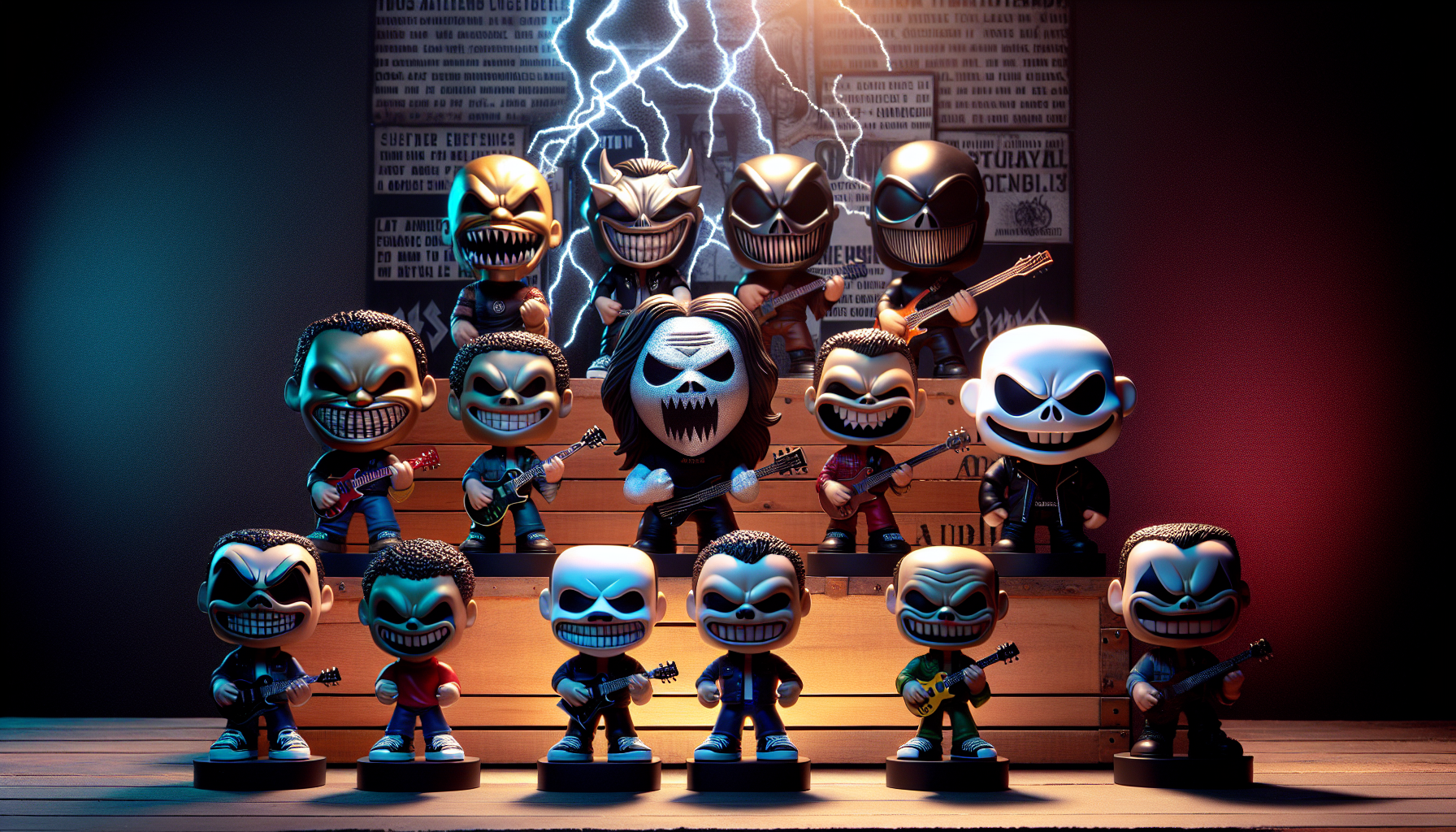 Iron Maiden Funko POP figures of Eddie in various album costumes on display shelf, dramatic spotlight, red logo, and heavy metal decor in background.