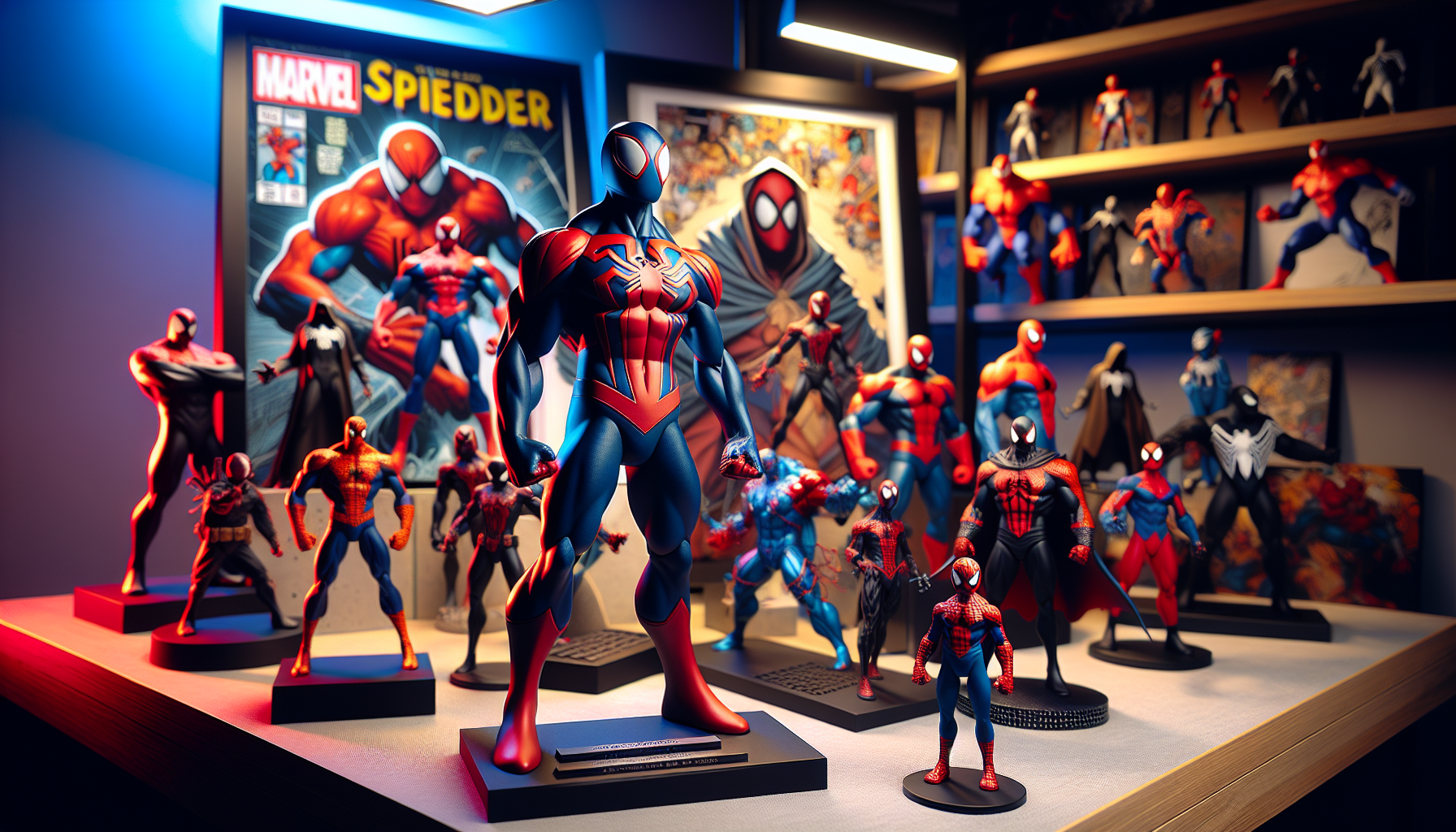 Curated display of Spider-man action figures on modern shelf with dynamic lighting, vintage to modern styles, ideal for Spider-man collectors’ blog.