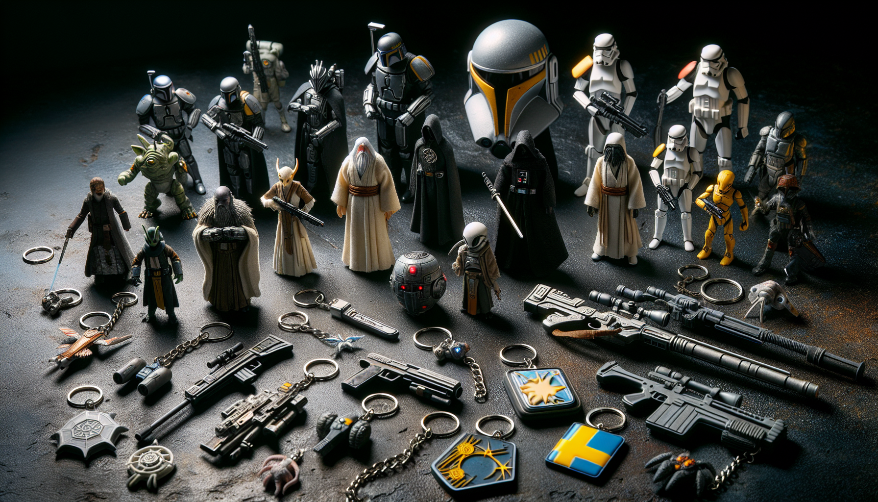 Flat lay of collectible Star Wars Nyckelringar, including Darth Vader, Yoda, R2-D2, starships, and a Swedish flag tag on a dark background.