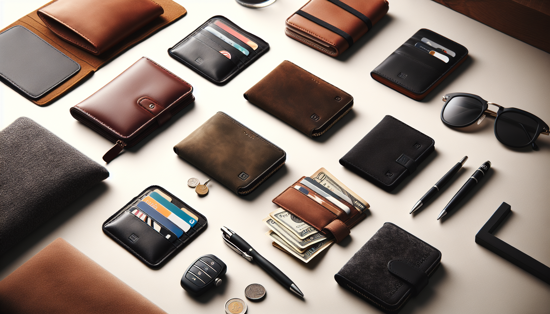 Flat lay of modern plånböcker in various styles, colors, and textures with essentials, stylish accessories, and Scandinavian minimalist vibe.