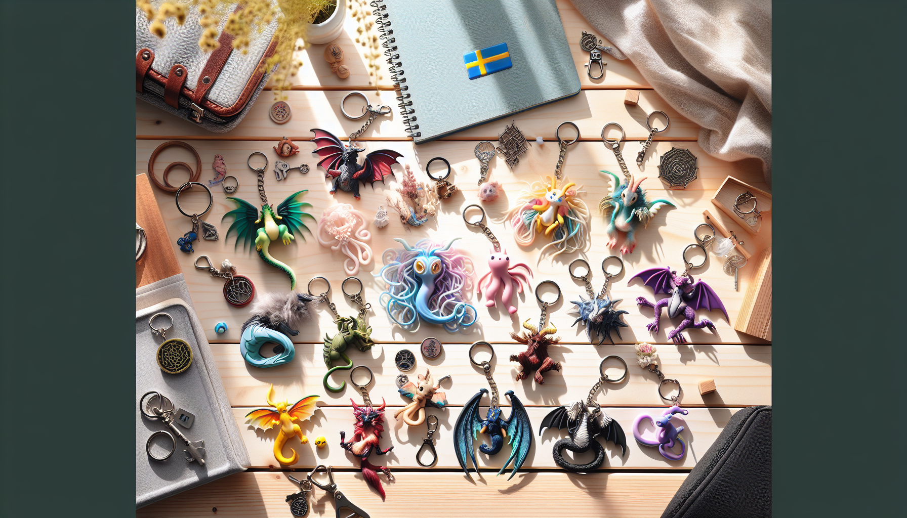 Colorful Pokémon keychains, including Pikachu and Eevee, flat lay on light wood with Swedish flag pin and Scandinavian notebook in natural light.
